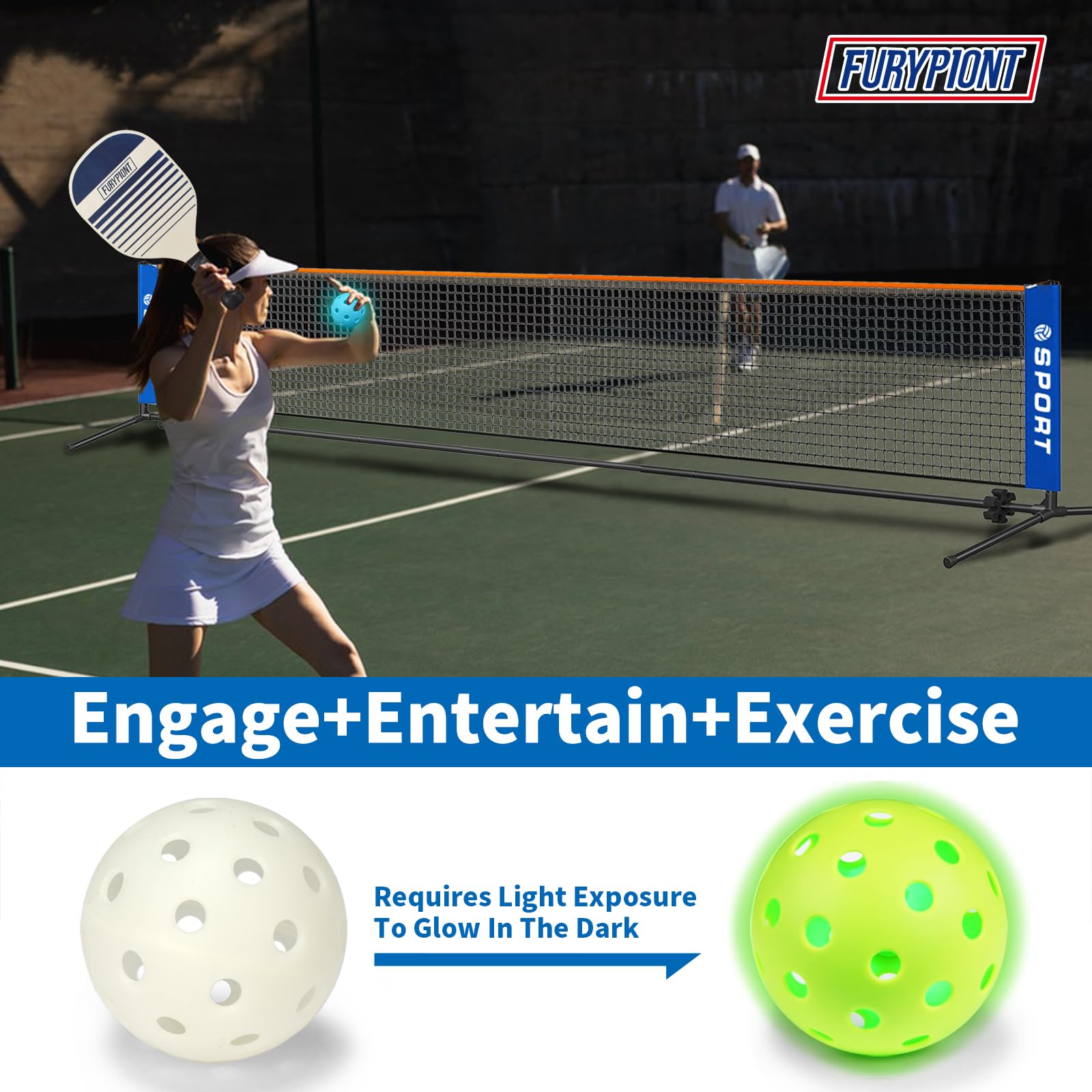 Furypiont Mini filet de pickleball portable de 3 m – Filet de tennis pour allée, jardin, 2 raquettes de pickleball, 8 balles de pickleball et sac de transport portable, filet de pickleball pour