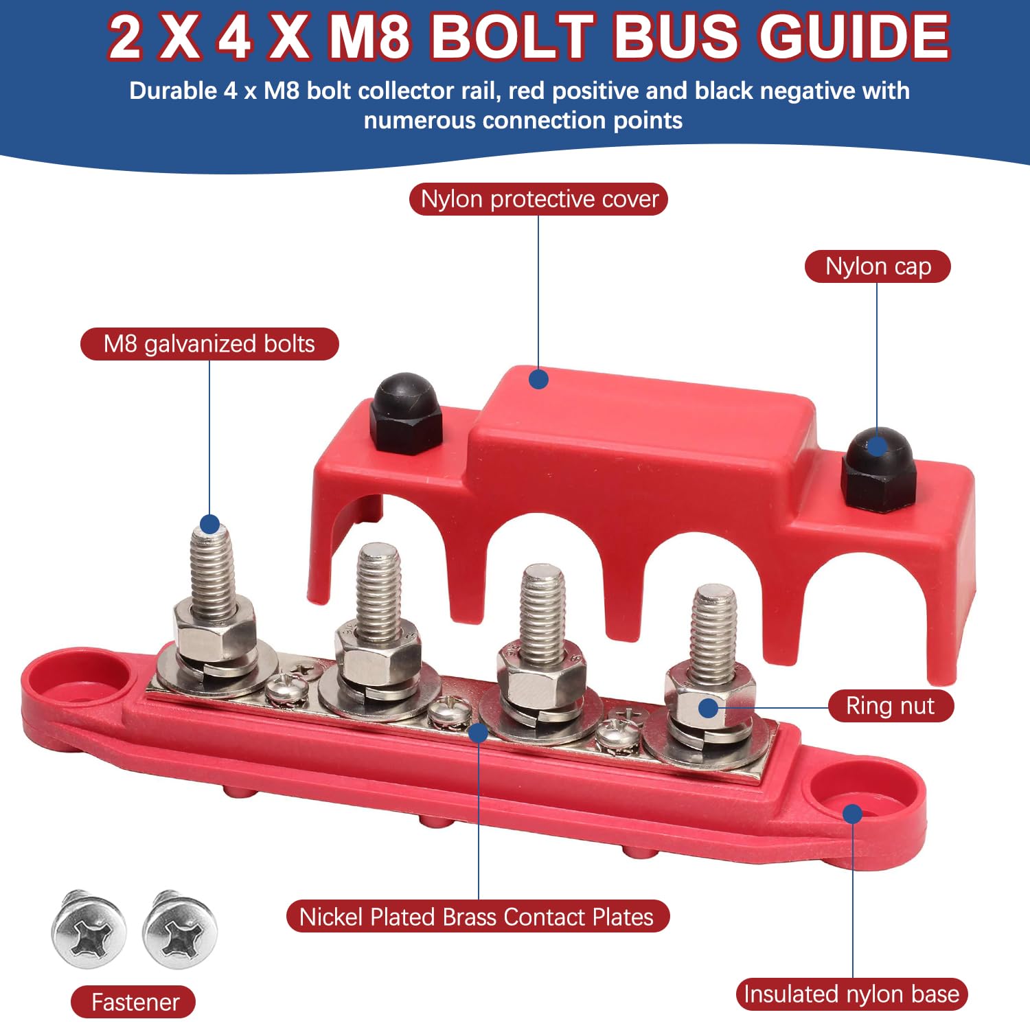 2 pièces Ensemble Jeu de Barres à 4 Voies Noir et Rouge, Bloc de Distribution de Câblage à Boulons en Cuivre 48V250A, Bloc de Distribution de Bus Cc, Jeu de Barres de Yacht RV