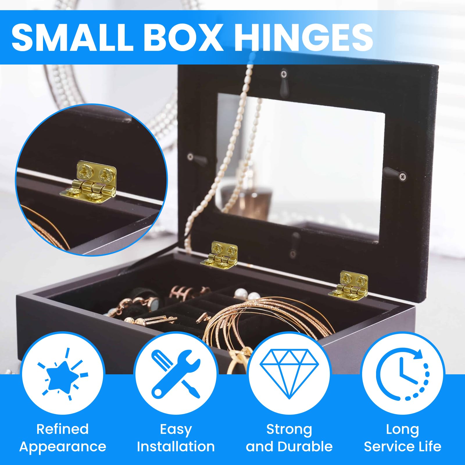 SDTC Tech 24-Pack Mini Hinges 13x12mm 180 Degree Rotation Antique Butt Hinge with Mounting Nails for Jewelry Box Dollhouse Cabinet Closet Wooden Case - Gold 3