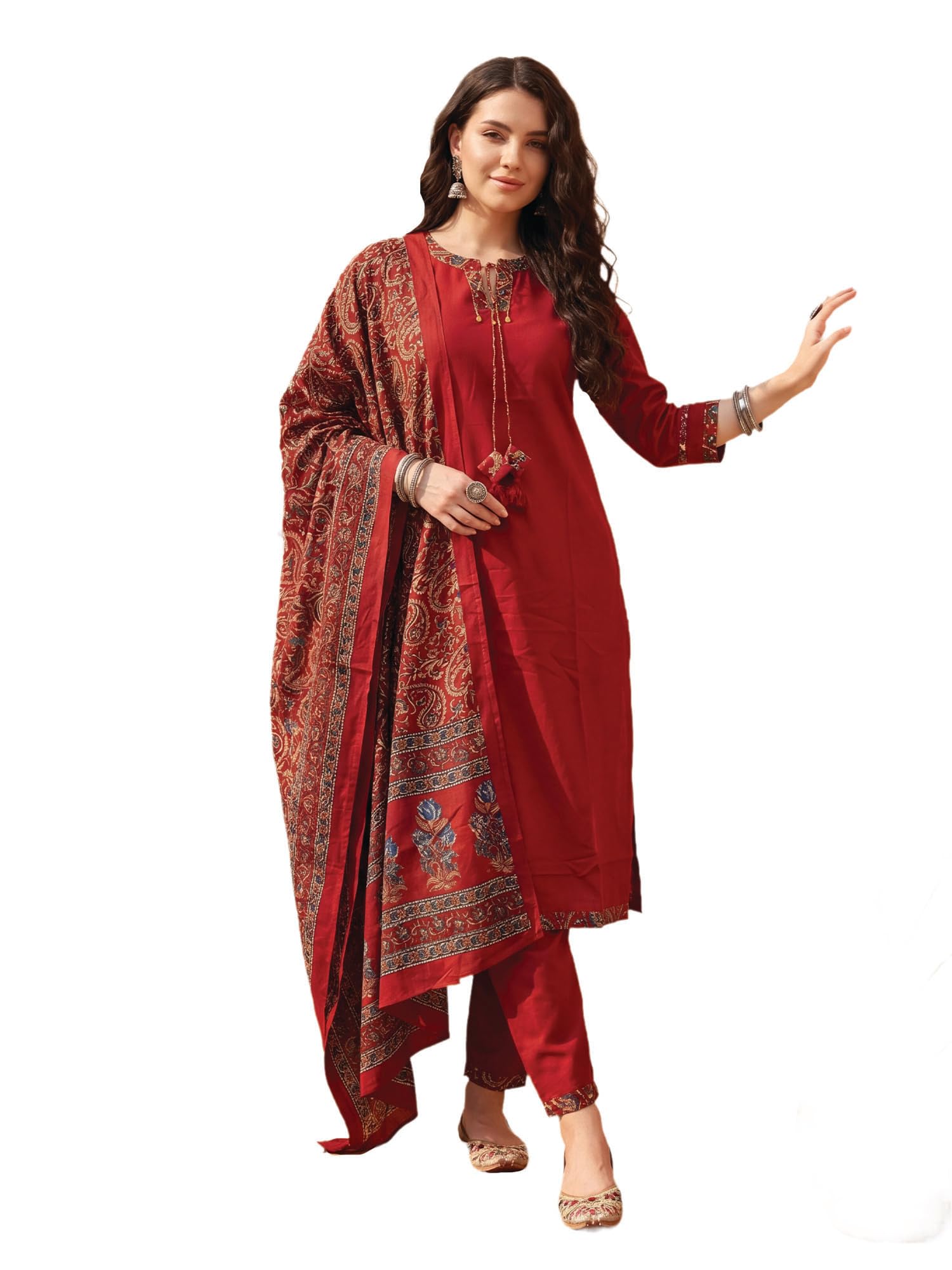 indo era Women's Cotton Solid Self Design Beads and Stones Work Kurta & Pant with Dupatta Set-picture-28