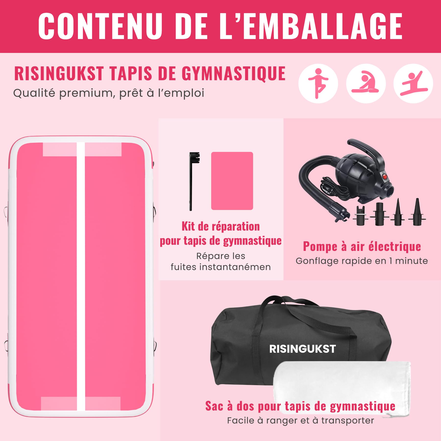 Tapis de Gymnastique Gonflable, Air Gymnastique Track, Tapis de Fitness 10cm/15cm/20cm Haut airtrack 2/3/4/5/6 m, Tapis Adapté Pour le fitness le yoga l'entraînement