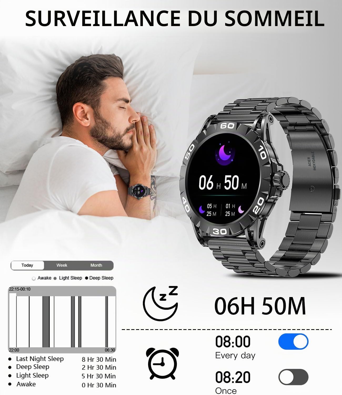 Montre Connectée Homme Appel Bluetooth Assistants Vocal 1.39" Smartwatch Intelligente Podomètre Calories Calculatrice 2 Bracelets Montre Sport Fréquence Cardiaque Sommeil SpO2 pour Android iOS