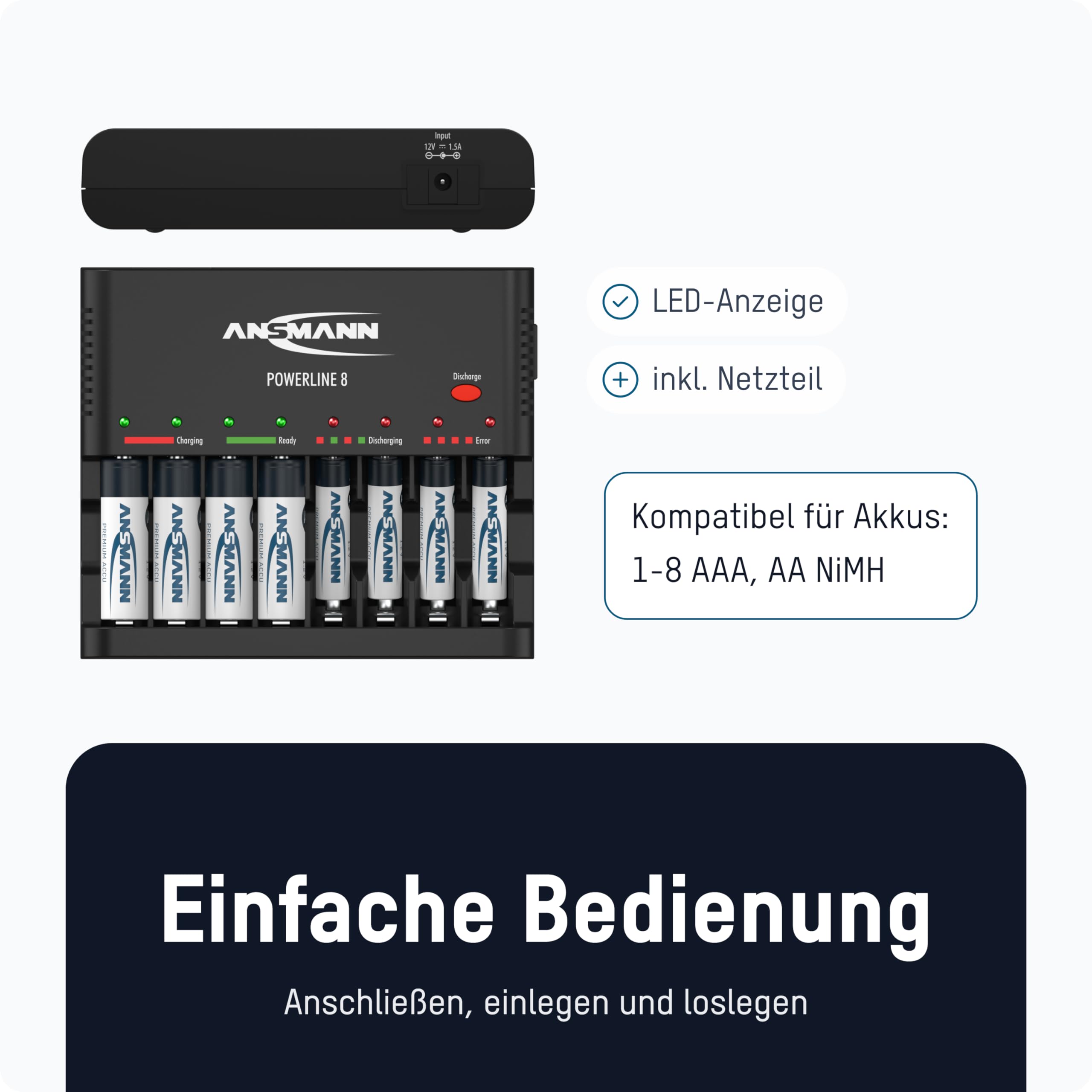 Powerline 8 Intelligentes Schnellladegerät für AA/AAA Akkus mit LED-Anzeige Defekterkennung und Überladeschutz