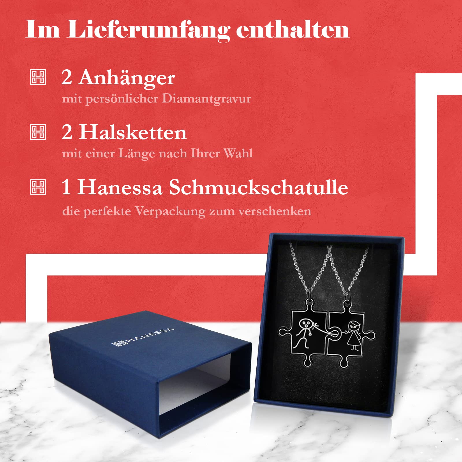 2 Stück Personalisierte Kette mit Gravur Edelstahl mit Anhänger Puzzle Teil in silber schwarz gold - Personalisierte Geschenke für Damen Herren Freundin Freund - Partner Halskette Sie Ihn
