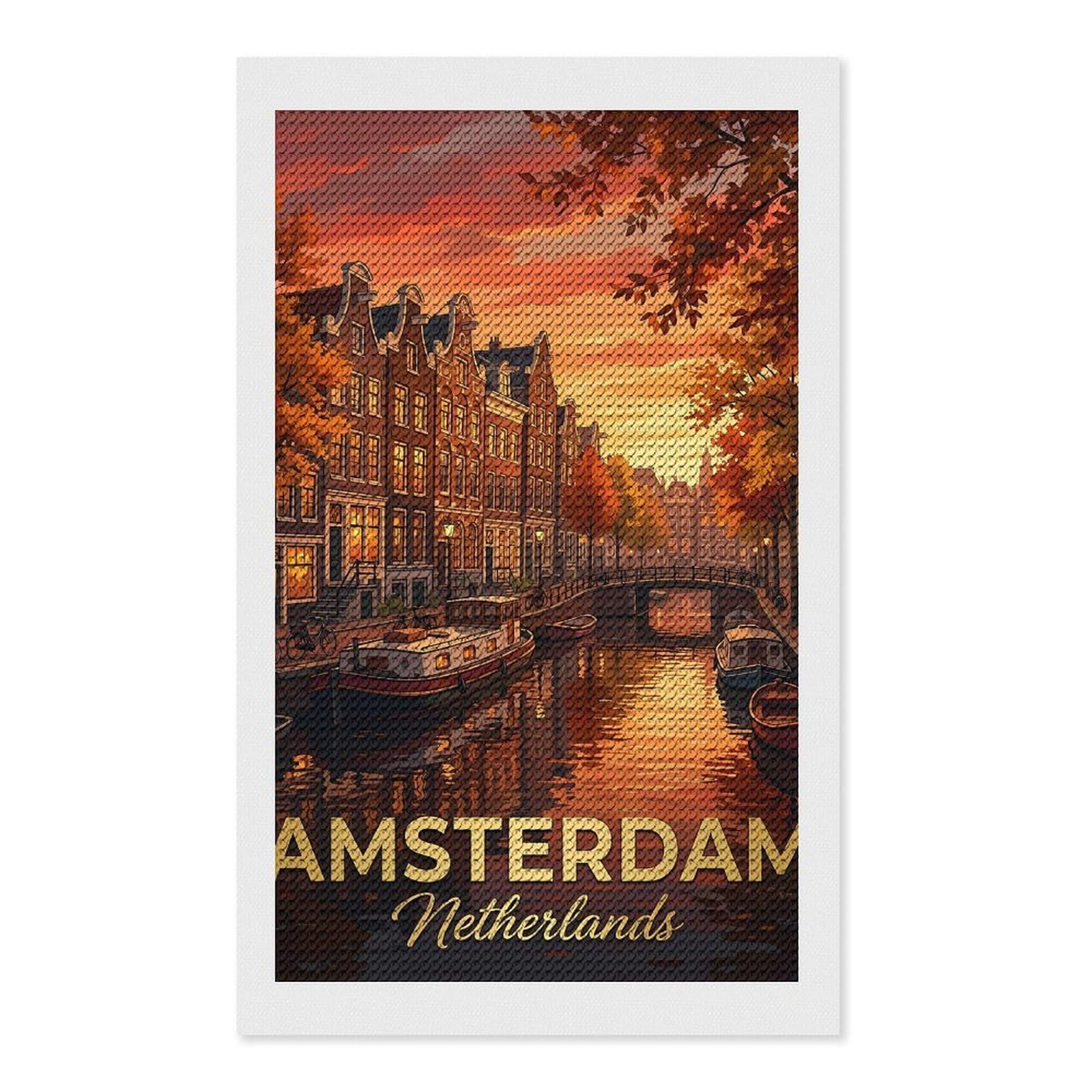 Junmoney Amsterdam Canal at Sunset Full Drill Diamond Painting Kit 12"x20", Mindful Craft Activity, Bedroom Decor, for Adults, Gift Idea