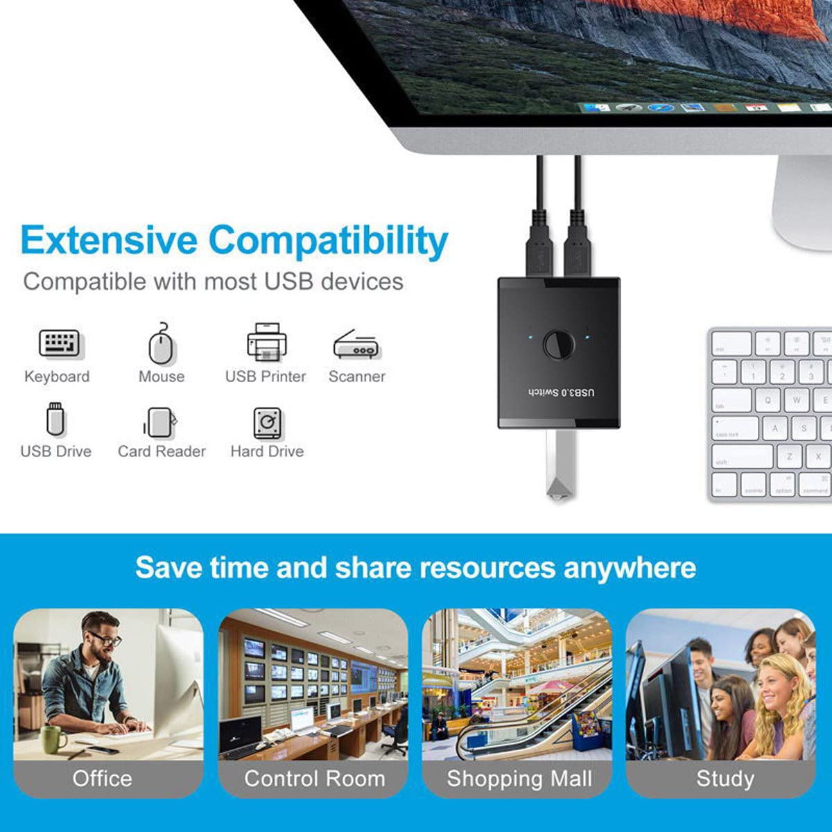 Xiwai Selettore di commutazione bidirezionale USB 3.0 KVM da 2 a 1 PC di condivisione o da 1 a 2 Hub per tastiera Mouse Scanner Stampante