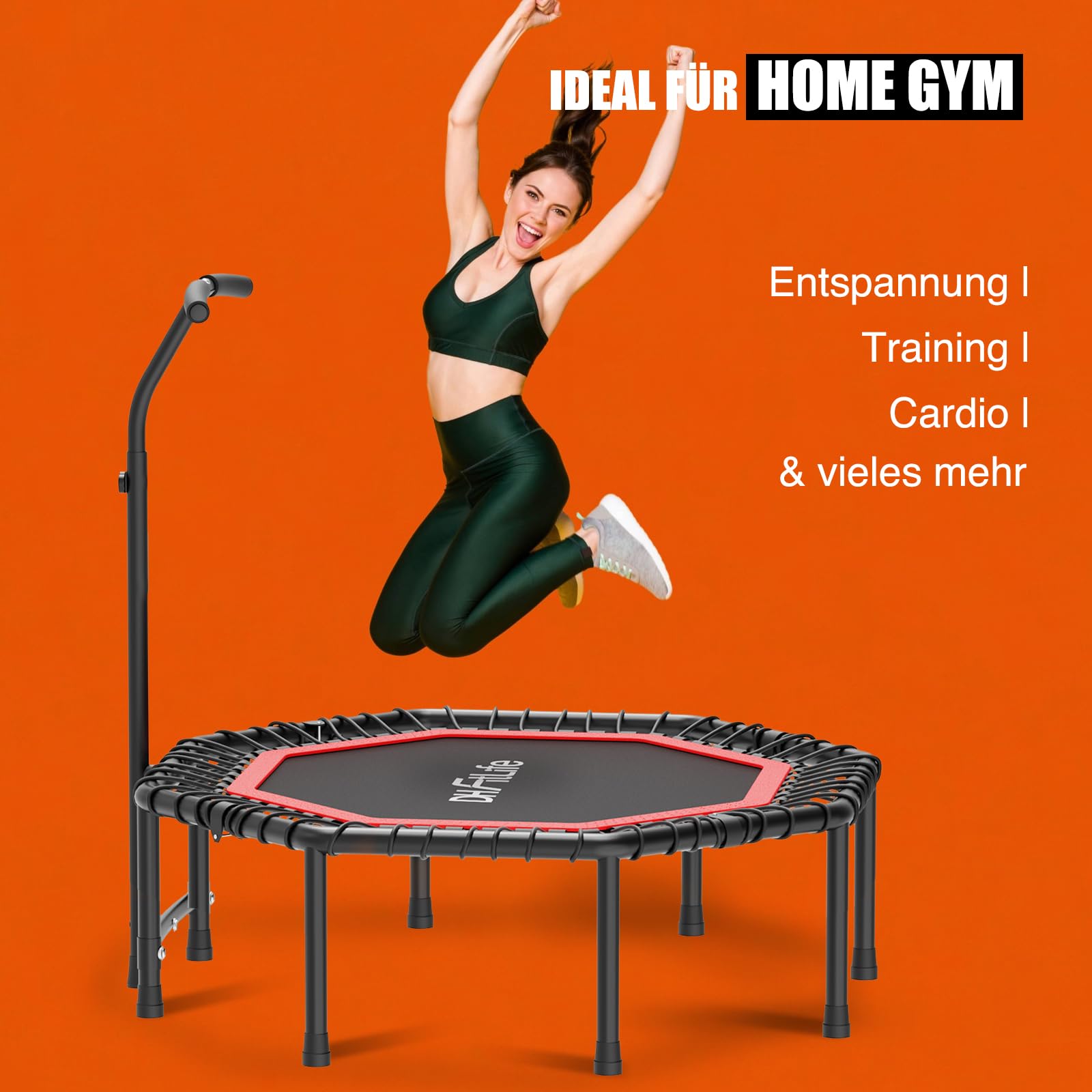 DH FitLife Fitness Indoor Trampolin klappbar mit vormontierter Sprungfläche | Ø121 cm 48 Zoll Trampoline | 150 kg Tragfähigkeit | 3-Fach Verstellbarer Handgriff | stabil & leise