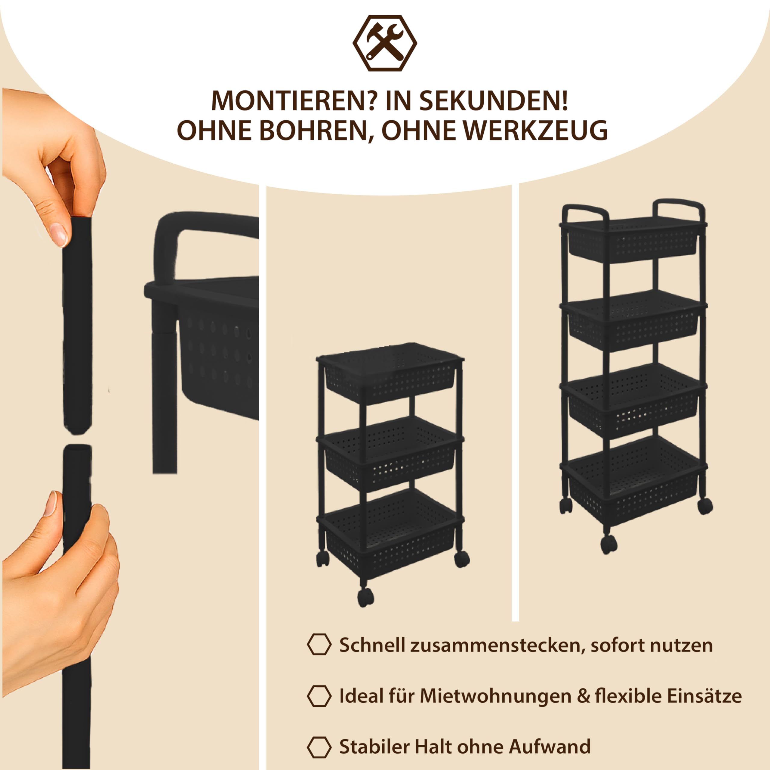 ABBAware Rollwagen mit 4 Körben, 40 x 30 x 100 cm Kunststoff Schwarz - Ablagefachwagen/Aufbewahrungswagen mit Rollen für Küche, Bad, Wohnzimmer