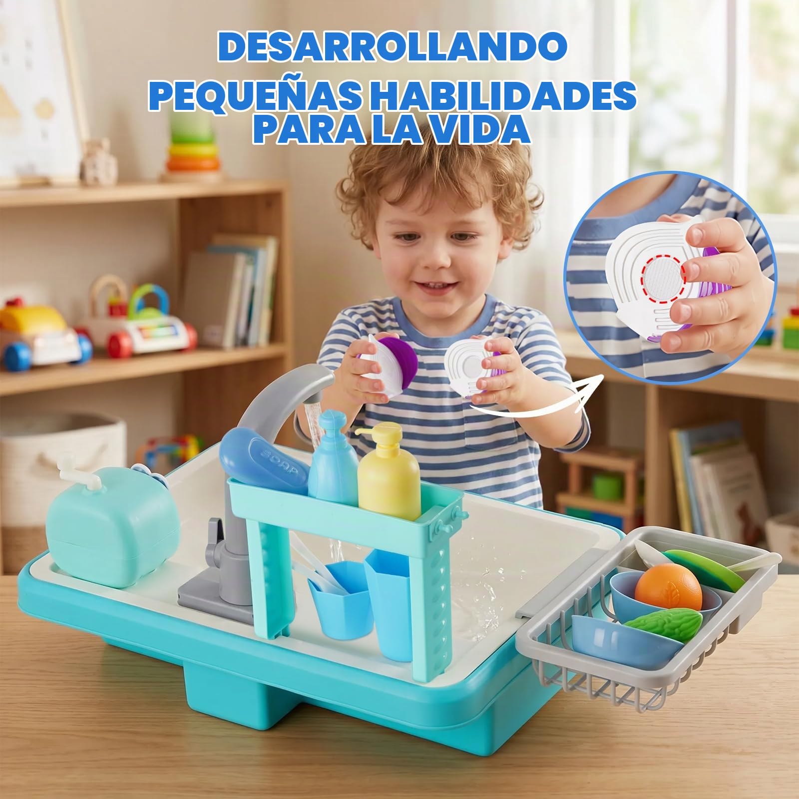 Fregadero Juguete con Agua, cozinha de brincar, máquina de Burbujas, Verduras de plástico extraíbles, Lavabo Infantil de 25 Piezas para niños y niñas (Azul)