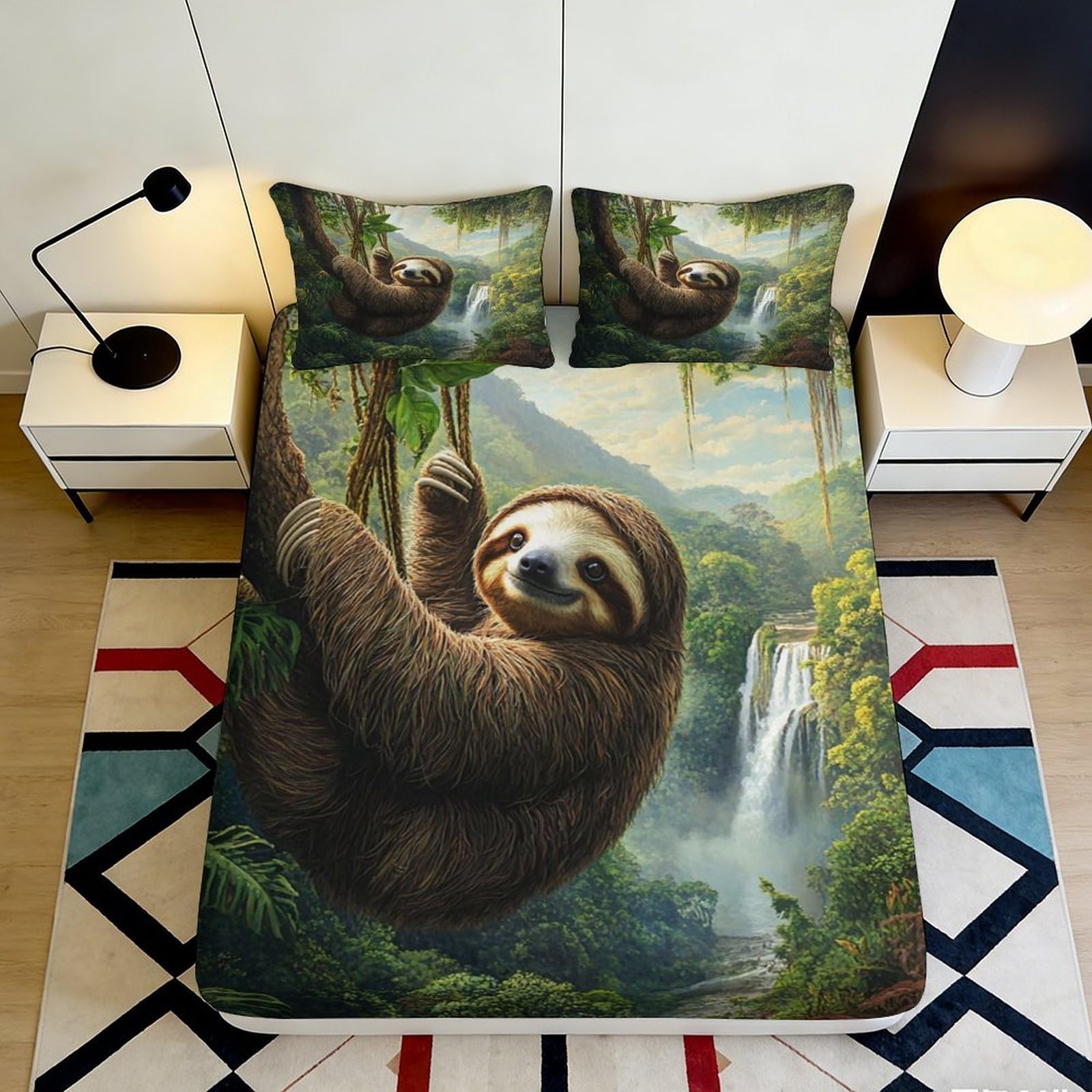 3D Printed Sloth Animal Fitted Sheet Microfiber Soft Durable Tropical Forest Bed Cover for Bedroom Dormitory Guest Room Mattress Protection 140x200x25cm