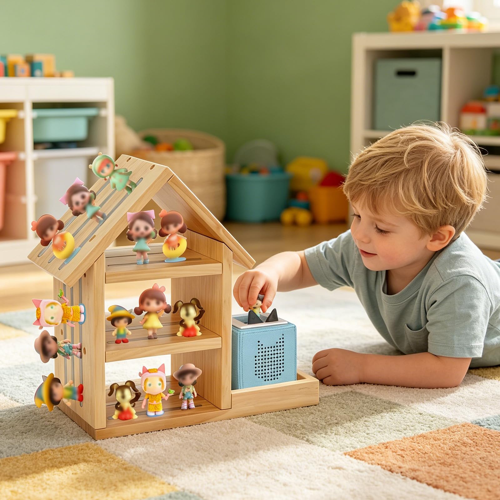 Étagère murale en forme de maison pour Tonie, étagère magnétique adaptée pour TonieBox 1 et TonieBox 2, étagère murale en bois de pin pour 50 à 70 figurines Tonies, étagère Tonie pour filles