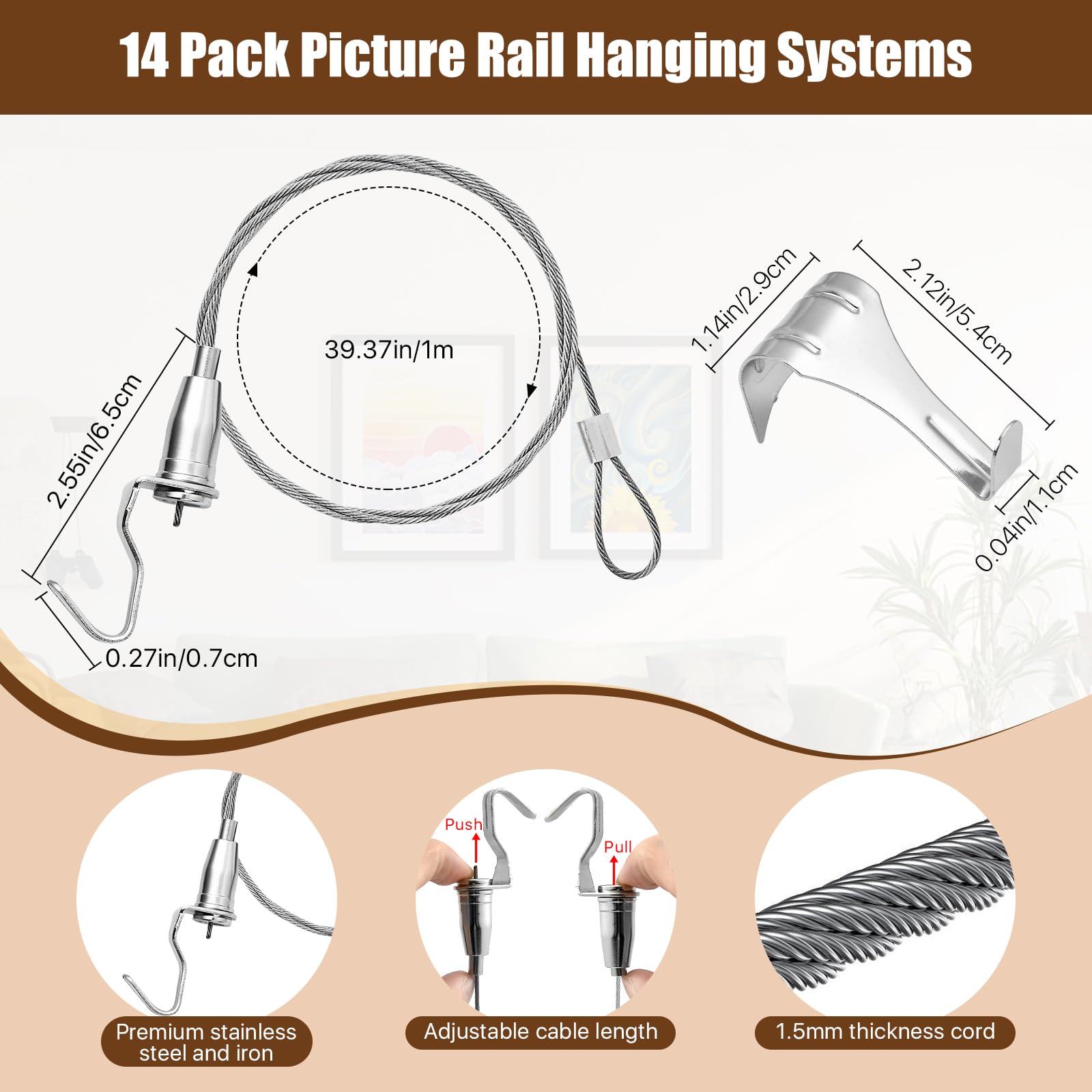Worldity 14 Pack Picture Rail Hanging System, 3.3 Ft Stainless Steel Wire Picture Rail Hanging with Rail Hooks Loop and Hook, Adjustable Photo Hooks for Wall Picture, Exhibition, Art Gallery Display
