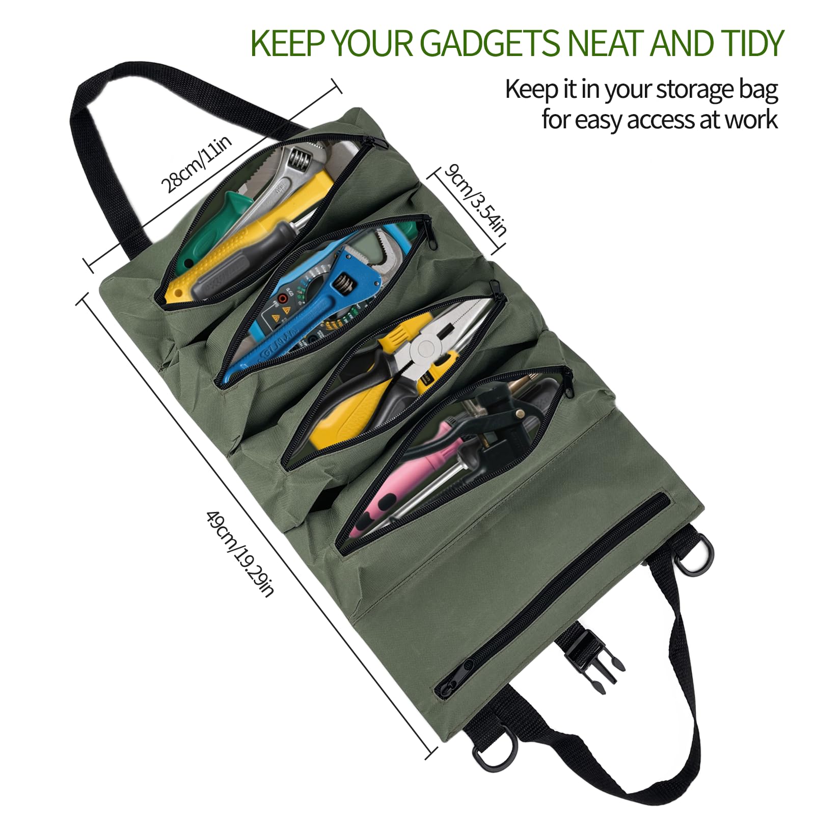 Borsa per Attrezzi Arrotolabile Utensili Multi Access, Tasche Attrezzi con Tracolla Regolabile con 5 Tasche con Cerniera, Ldeale per Ldraulici, Commercianti ed Elettricisti
