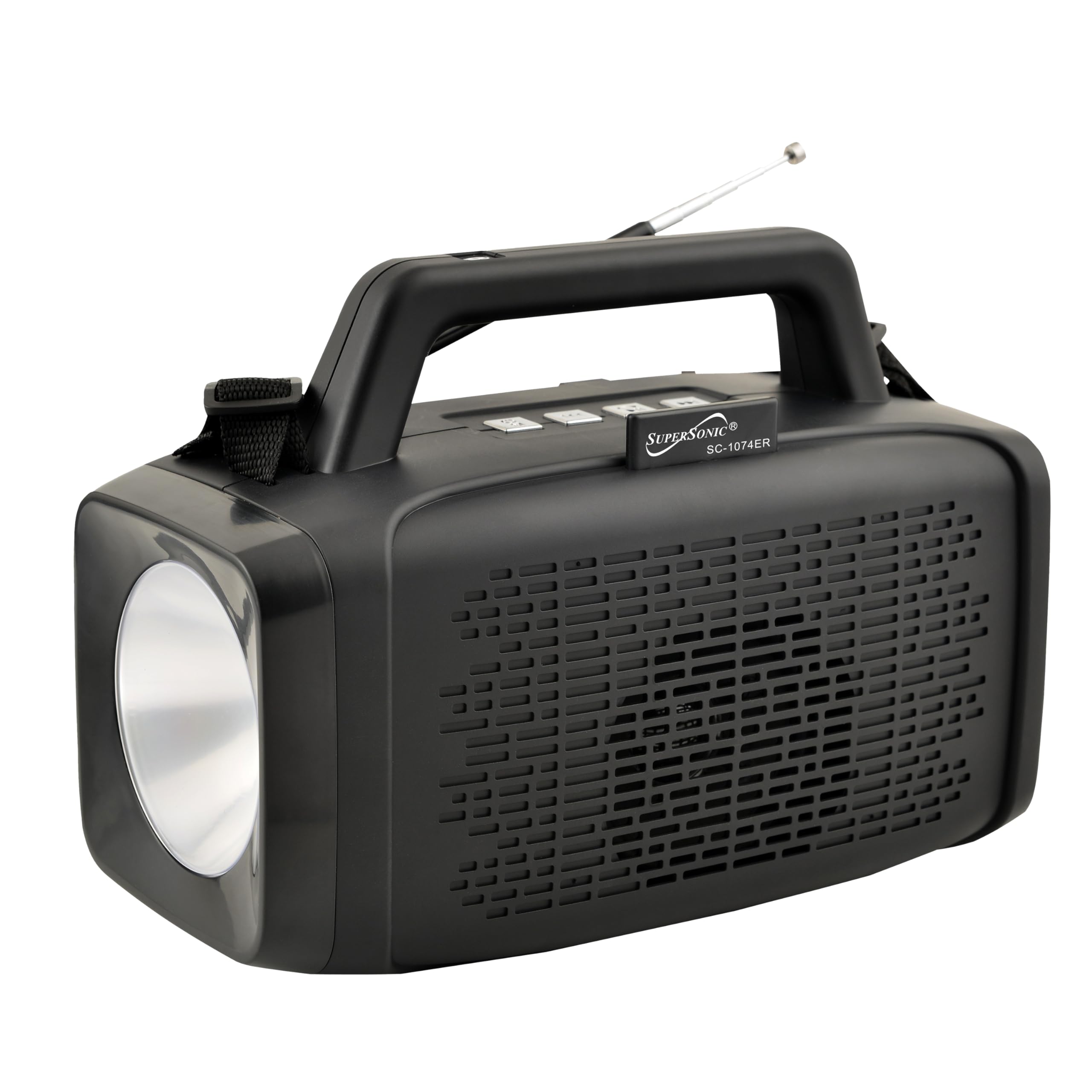 Supersonic SC-1074ER Solar Power Speaker with FM Radio & LED Flashlight, 360° Antenna, Smartphone Stand, LED Flashlight, USB/Micro SD. Rechargeable Battery, Solar Panel, Enjoy Music for 1-1.2 Hours