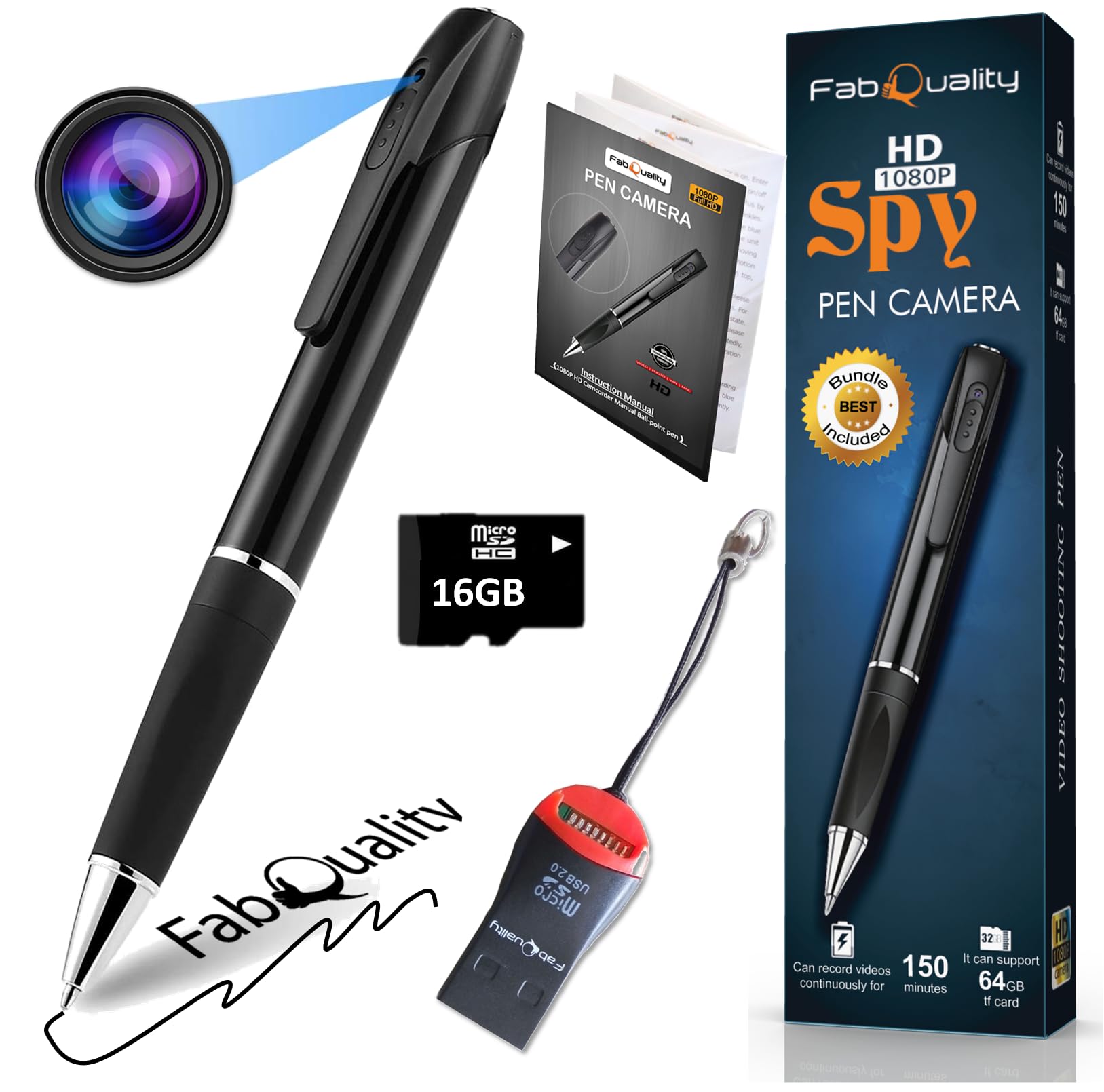 Paquete de bolígrafo espía de cámara oculta HD de 1080p, tarjeta micro SD de 16 GB + lector de tarjetas USB + 7 rellenos de tinta + batería actualizada + enchufe USB. - Grabación DVR