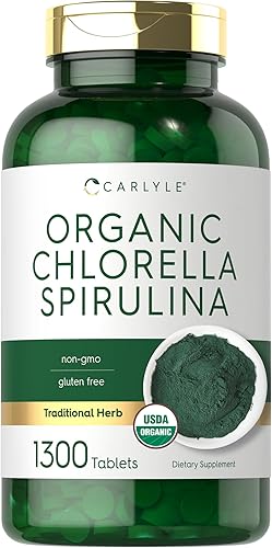 Carlyle Tabletas orgánicas de Chlorella Spirulina 1300 unidades Mezcla 5050 Sin OMG y sin gluten