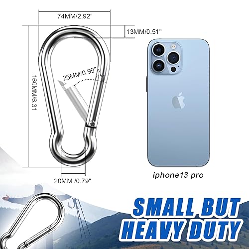 Vista 25 de Mosquetones pequeños y resistentes de 1.97 pulgadas, de acero inoxidable 304, con cierre de resorte, para campamento, senderismo, clips de metal