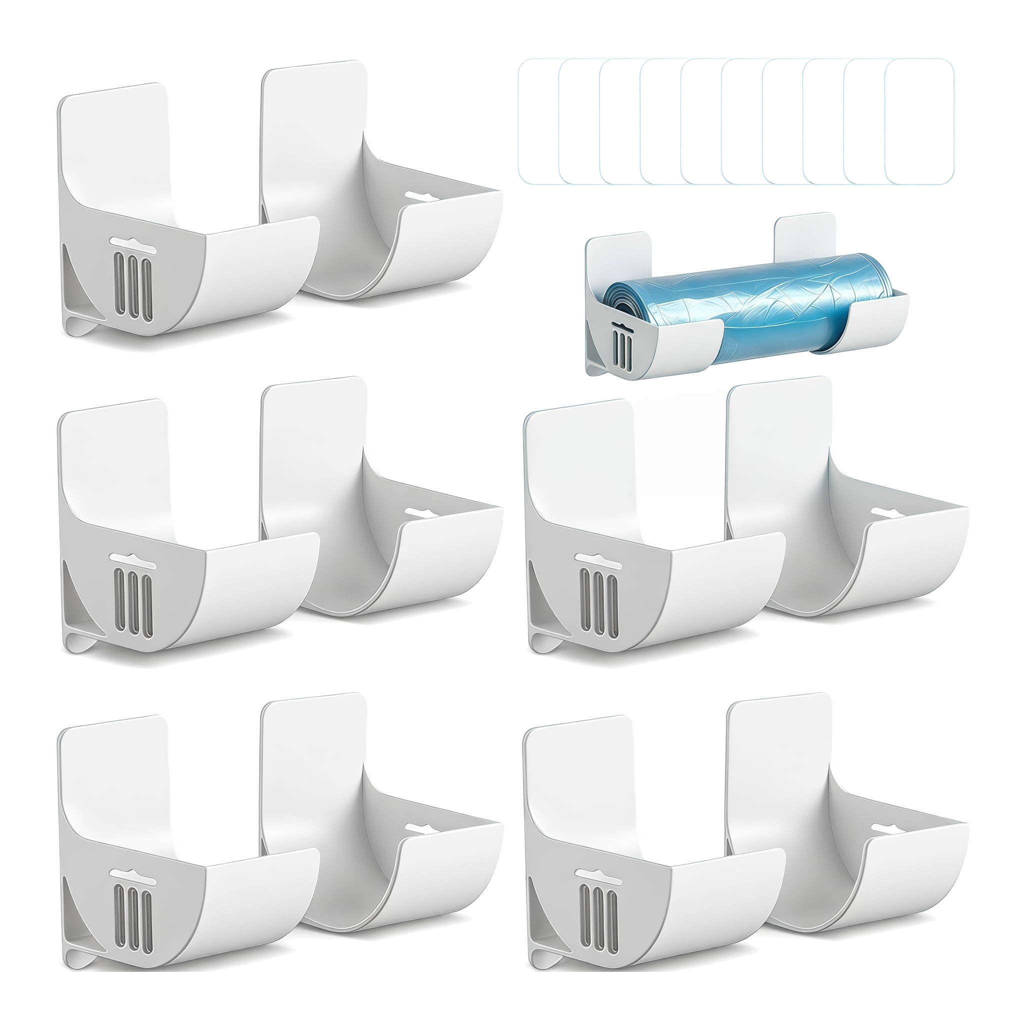 Bin Bag Holder, 5 Pairs Self Adhesive Foil Holder Wall(White)