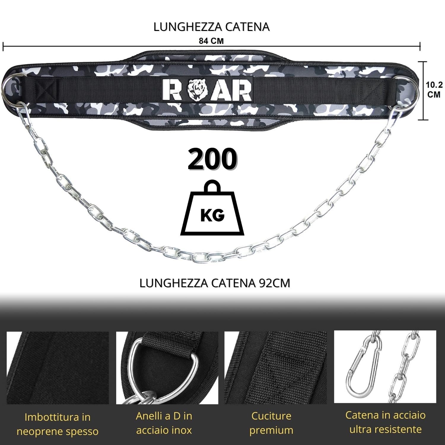 Roar® Cintura Dip Zavorra Uomo – Cintura Per Zavorra E Trazioni Zavorrate, Cintura Sovraccarico Palestra Con 2 Moschettoni Per Allenamenti Con Pesi