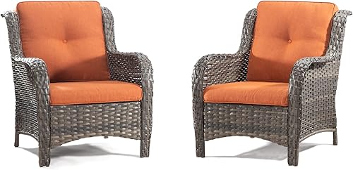 Juego de 2 sillas de mimbre para exteriores, sillas de mimbre de polietileno con cojines de asiento de 4 pulgadas, silla de asiento para jardín,