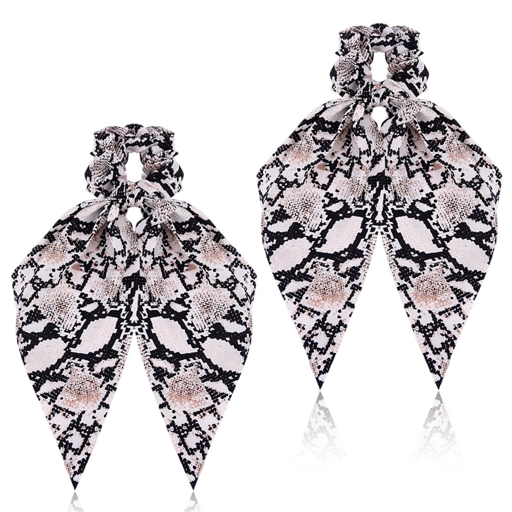Snake Print Hair Scarves Scrunchies with Bow Long Ribbon Elastic Hair Tie Ponytail Holders Animal Pattern Wild Fashion Statement Hair Accessories for Womens Hair Python Snakeskin Hair Bands 2 PCS