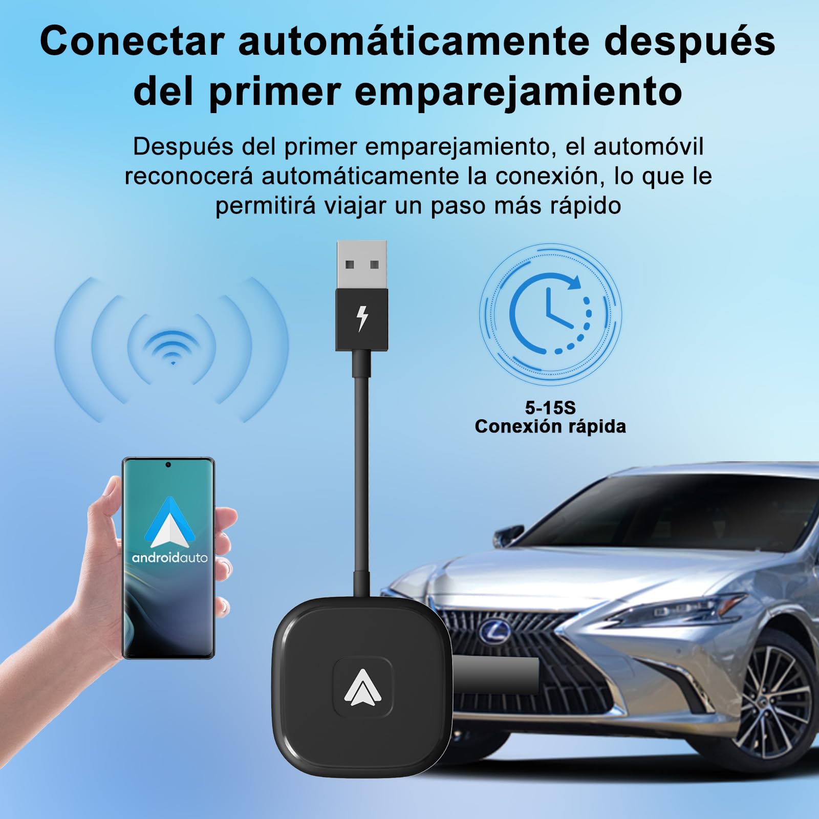 Adaptador Android Auto Inalámbrico, para Vehículos Equipados con Android Auto con Cable, Cambio de Cableado a Inalámbrico, Estable y Rápida, 5.8GHz WiFi de Alta Velocidad, para Android Phone 11.0+