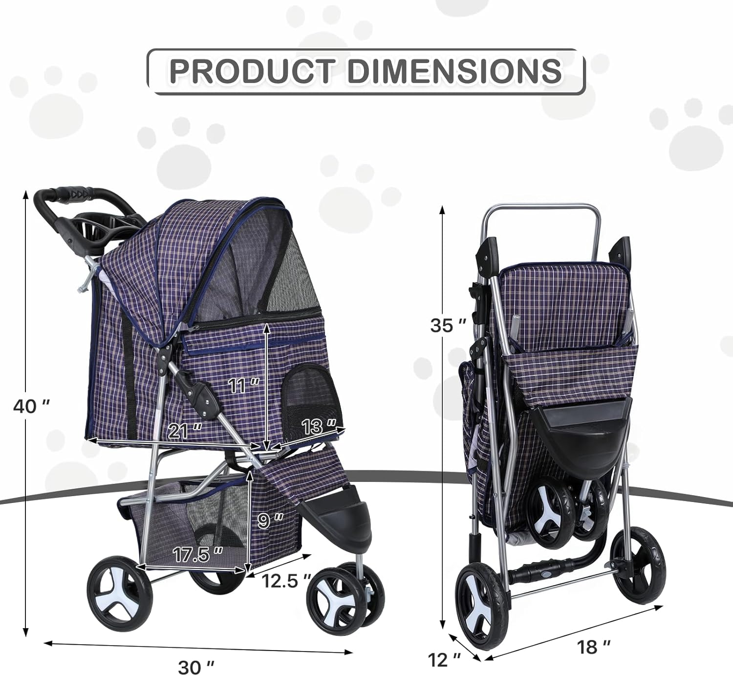 Plaid Foldable Dog Stroller with Storage and Cup Holder