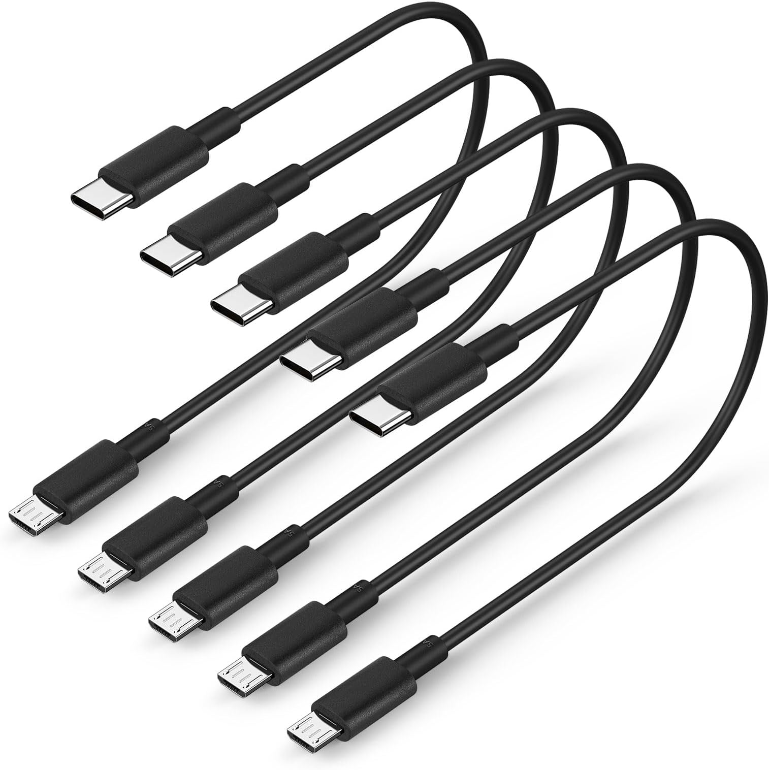 Short 1ft USB C to Micro USB Cable 5-Pack, Data Transfer and Charging Cord Bulk, Black