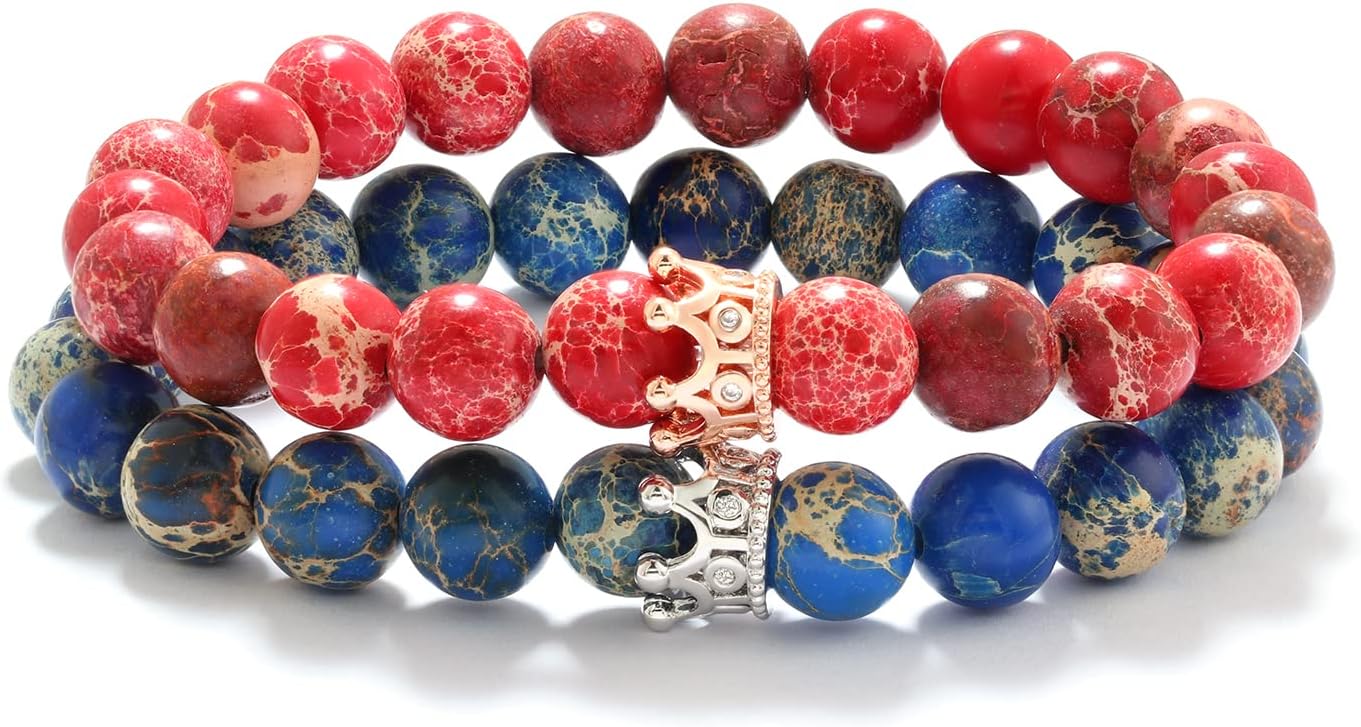 POSHFEEL8mm Natural Stone CZ Micro Pave Crown King Queen Beads His and Hers Couple Bracelet, 7.5"