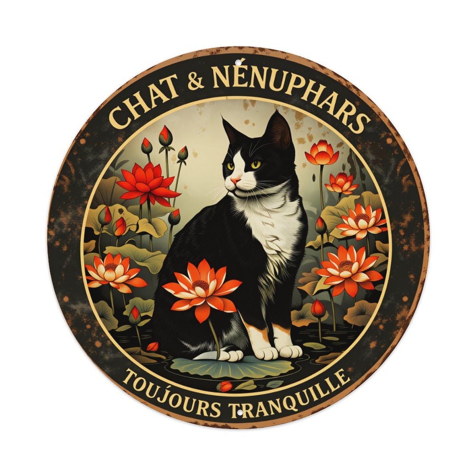 Cat And Waterlily Garden Scene Round Tin Sign Vintage Style Metal Sign Home Bar Garden Wall Plaque Decor Metal Poster 8x8 Inch