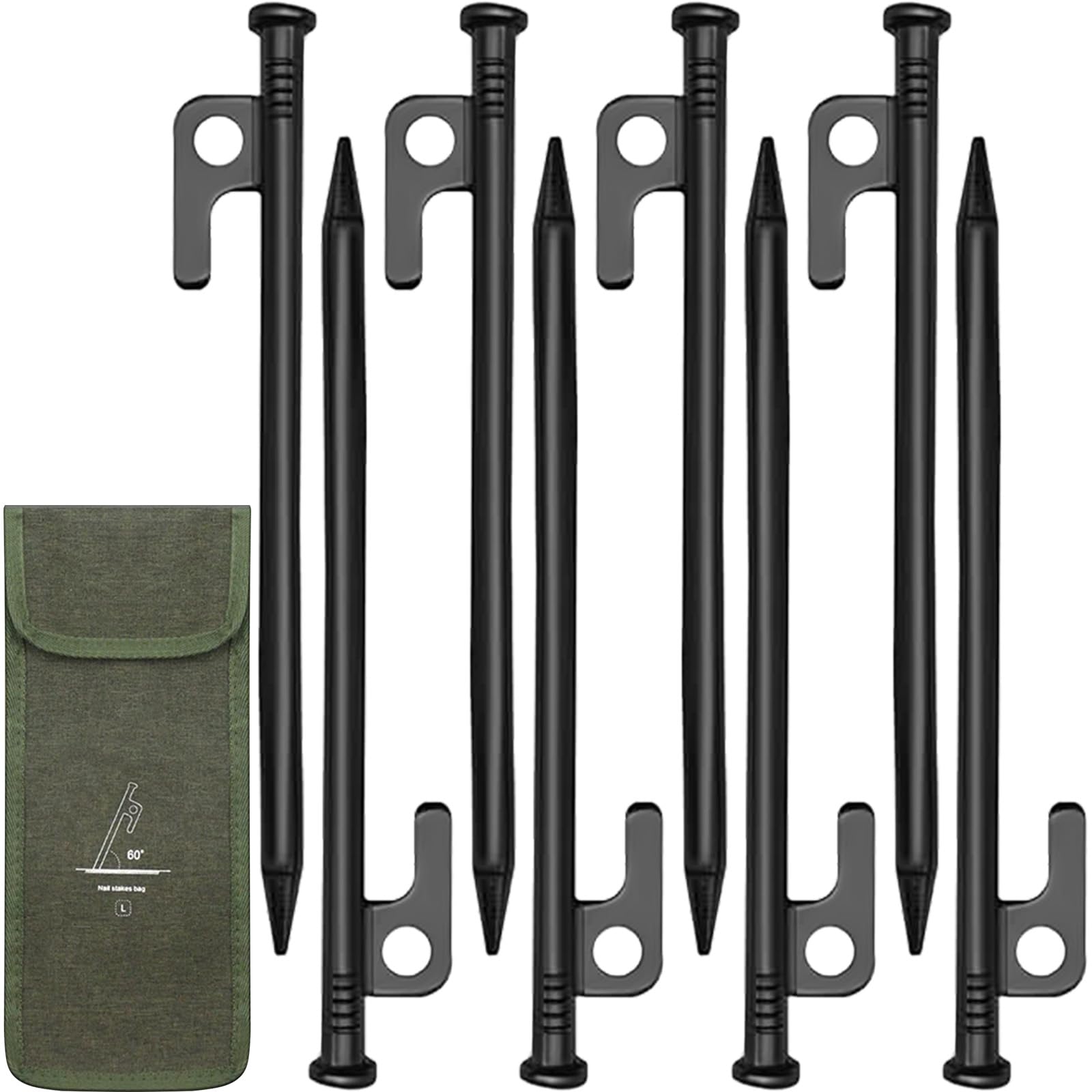 8 Pack Extra Strong Heavy Duty Tent Pegs with Oxford Cloth Pouch, 30cm Black Proof Storm Camping Stakes, High Strength All Metal Forged Steel Rock Peg for Hard Ground, Awnings, Outdoors Travelling