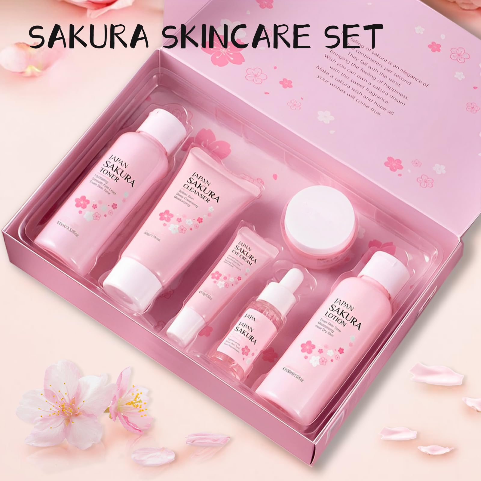 Sakura Ensemble de Soins du Visage 5 Pièces, Sakura Skin Care Set avec Nettoyant, Toner, Contour Yeux, Sérum, Crème