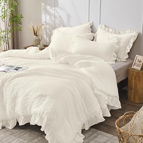 Miniatura 181 de JOLLYVOGUE - Juego de edredón tamaño queen, de 3 piezas, estilo seersucker, ligero y esponjoso para todas las estaciones, con 1 edredón con volantes