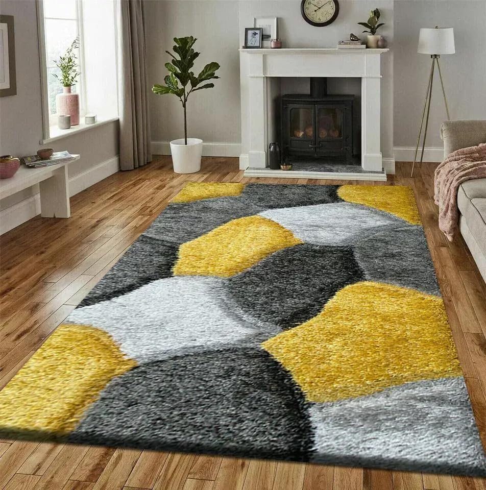 Online Bedding store Area Rugs – luxury Beautiful Pona Shaggy Modern Area Rugs - 3D Design carpet for hallway Non Slip Rug (Ocher-Grey, 200 x 290 cm)