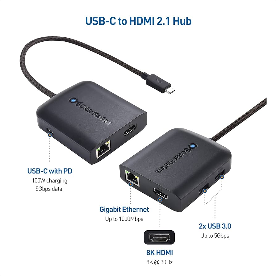 USB-C ハブ 8K HDMI, 100W充電, USBデータポート x4 Amazon | Cable Matters [100W PD充電対応] 8K / 4K 120Hz HDMI