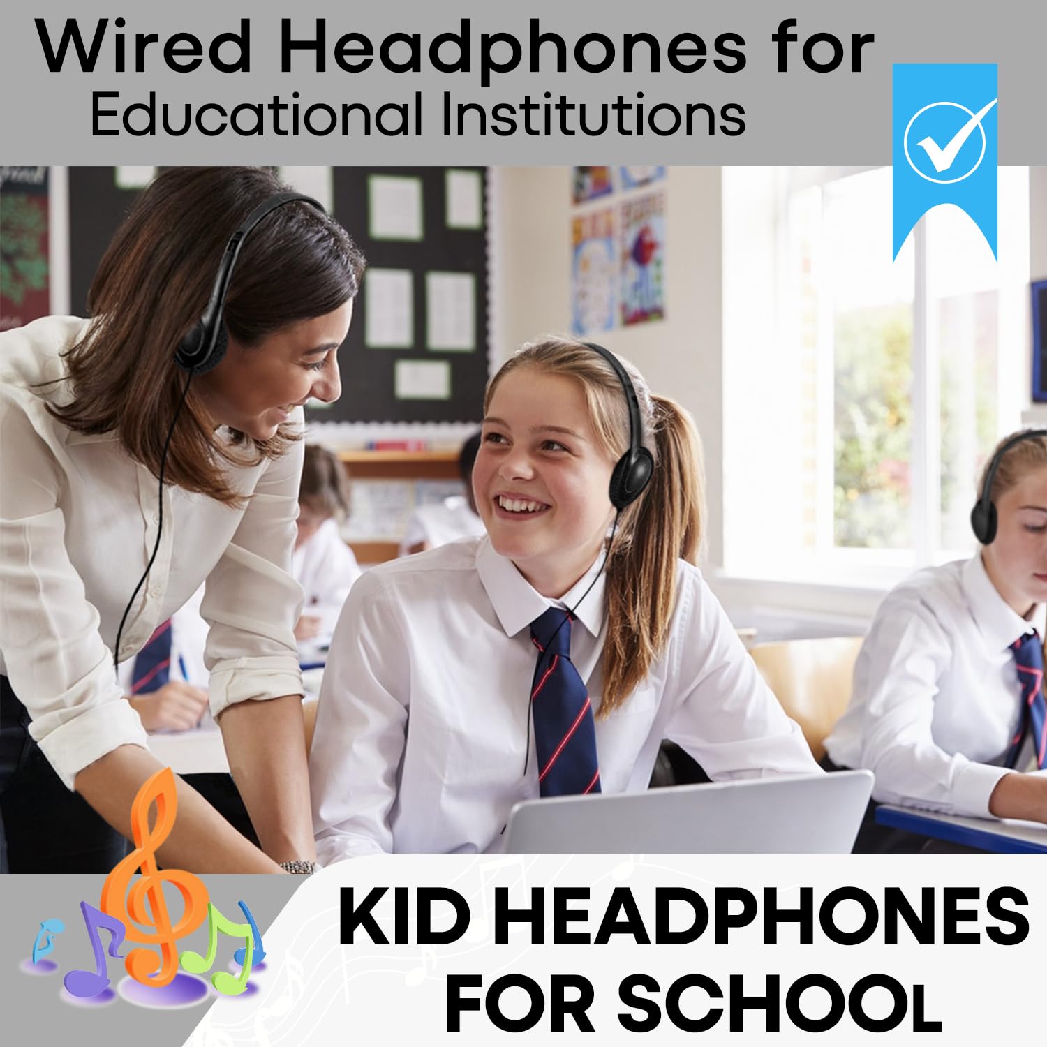 50 Pack Kids Headphones Black Wired Classroom Set GS857 - Dettaglio