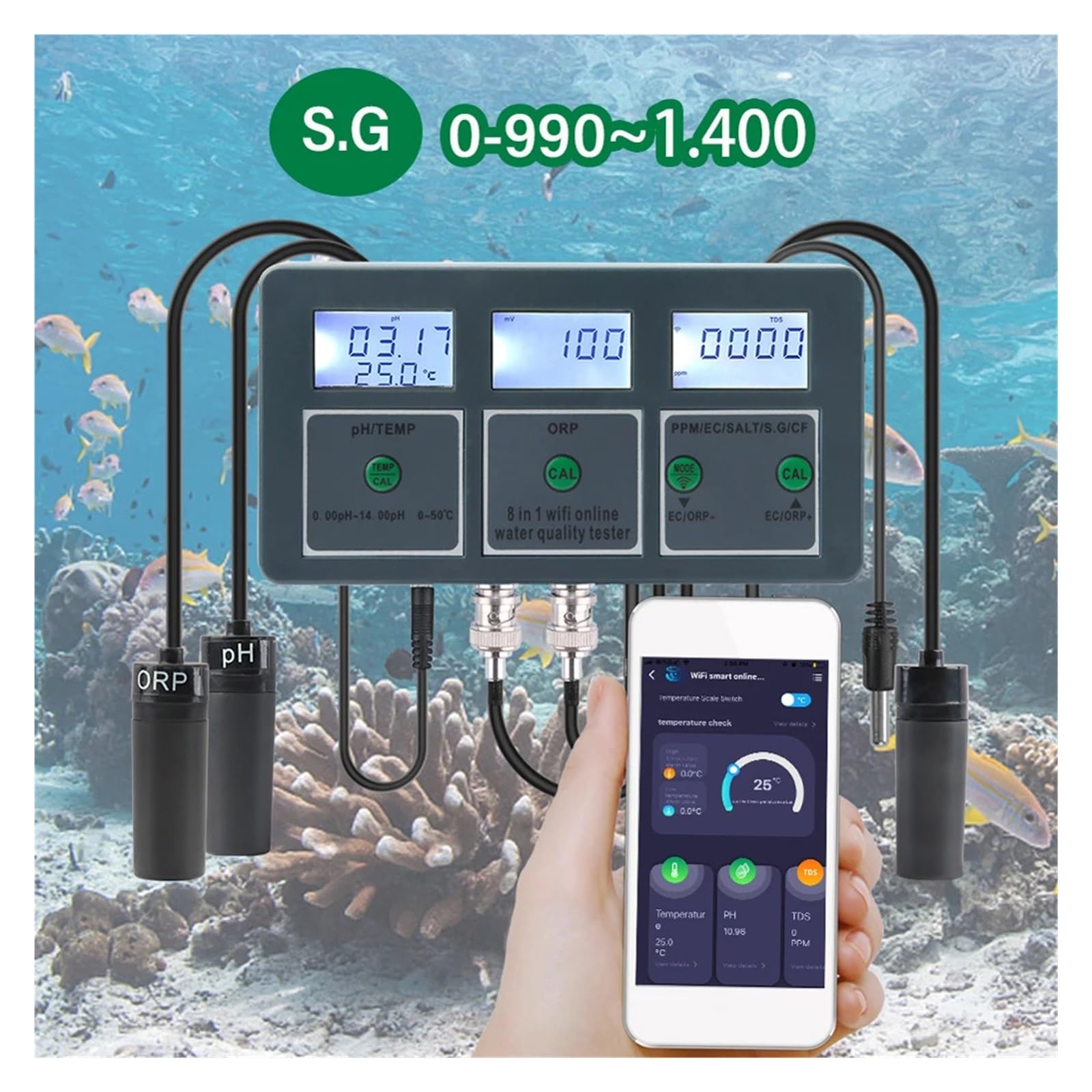 Probador De Calidad Del Agua Tuya WiFi, Analizador Medición SG/PH/EC/ORP/TDS/CF/SALT/TEMP, Detector DIY, Monitor DeteccióN RáPida Y Precisa