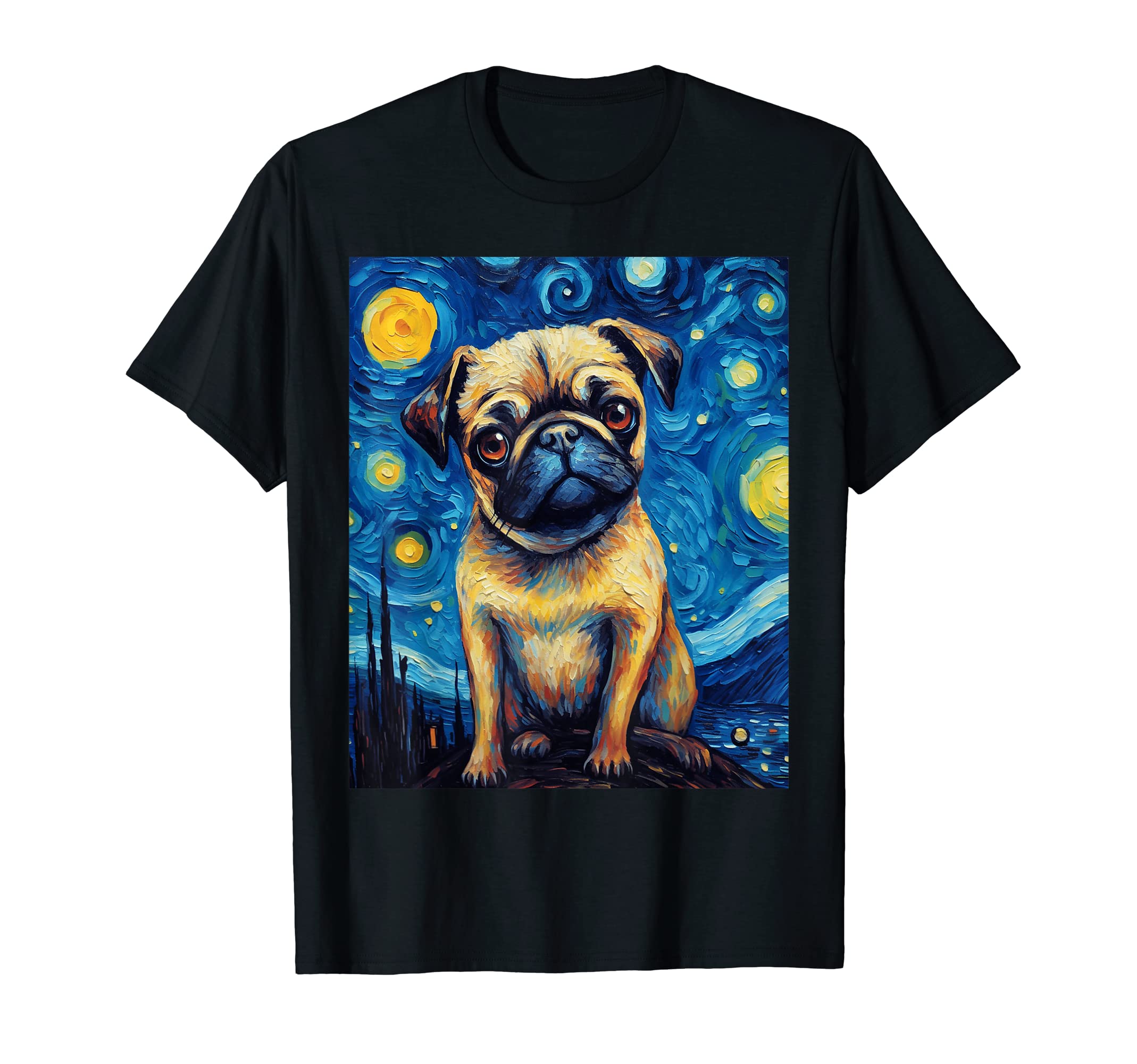 Starry Night Pug Dog Van Gogh Pug Art LoverStarry Night Pug Dog Van Gogh Sky Painting Art Pug Lovers T-ShirtOEKO-TEX STANDARD 100