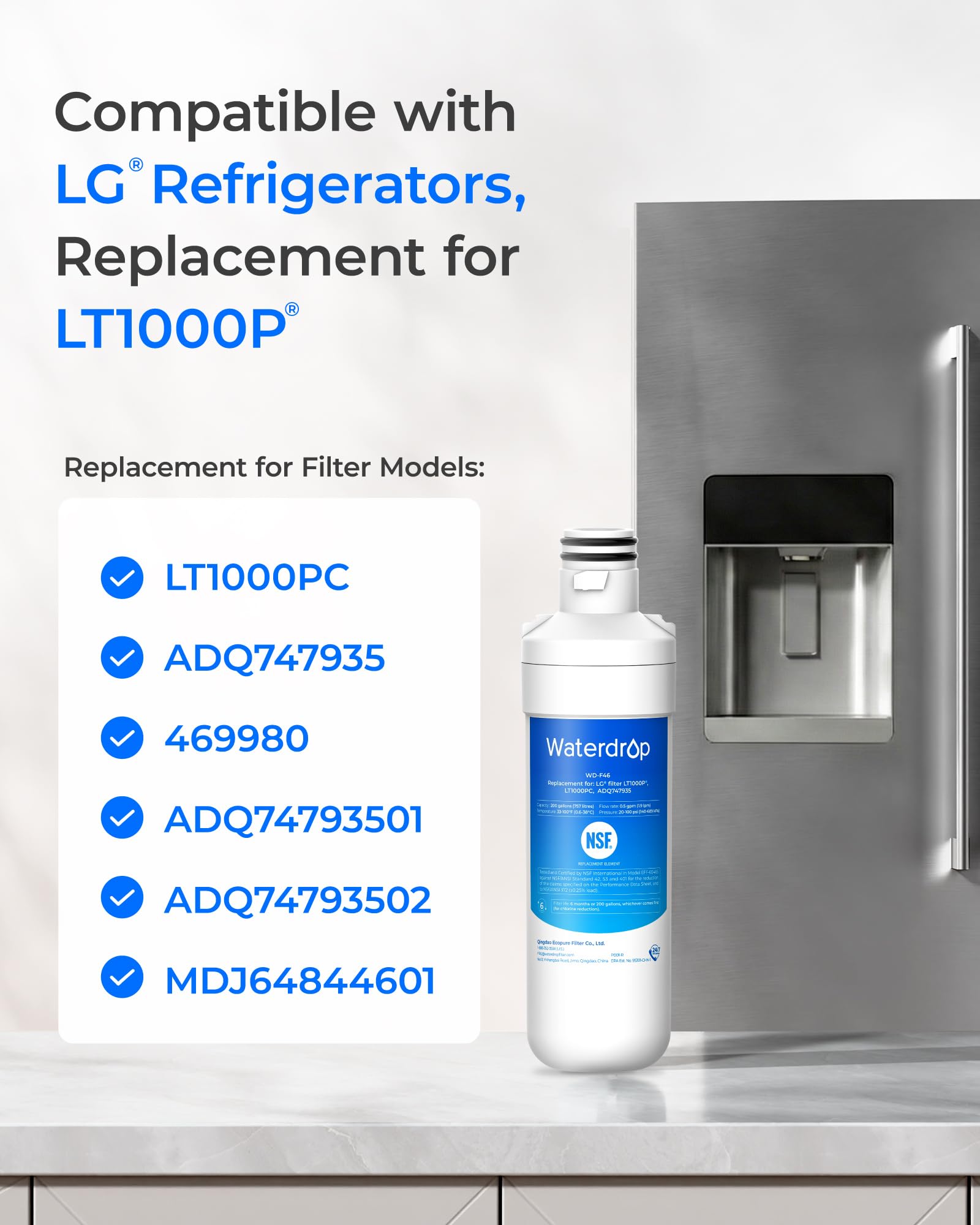 Waterdrop LT1000PC ADQ747935 MDJ64844601 filtr wody do lodówki, zamiennik dla LG® LT1000P®, ADQ74793501, ADQ74793502, Kenmore 46-9980, 9980, certyfikat NSF, opakowanie 3 szt