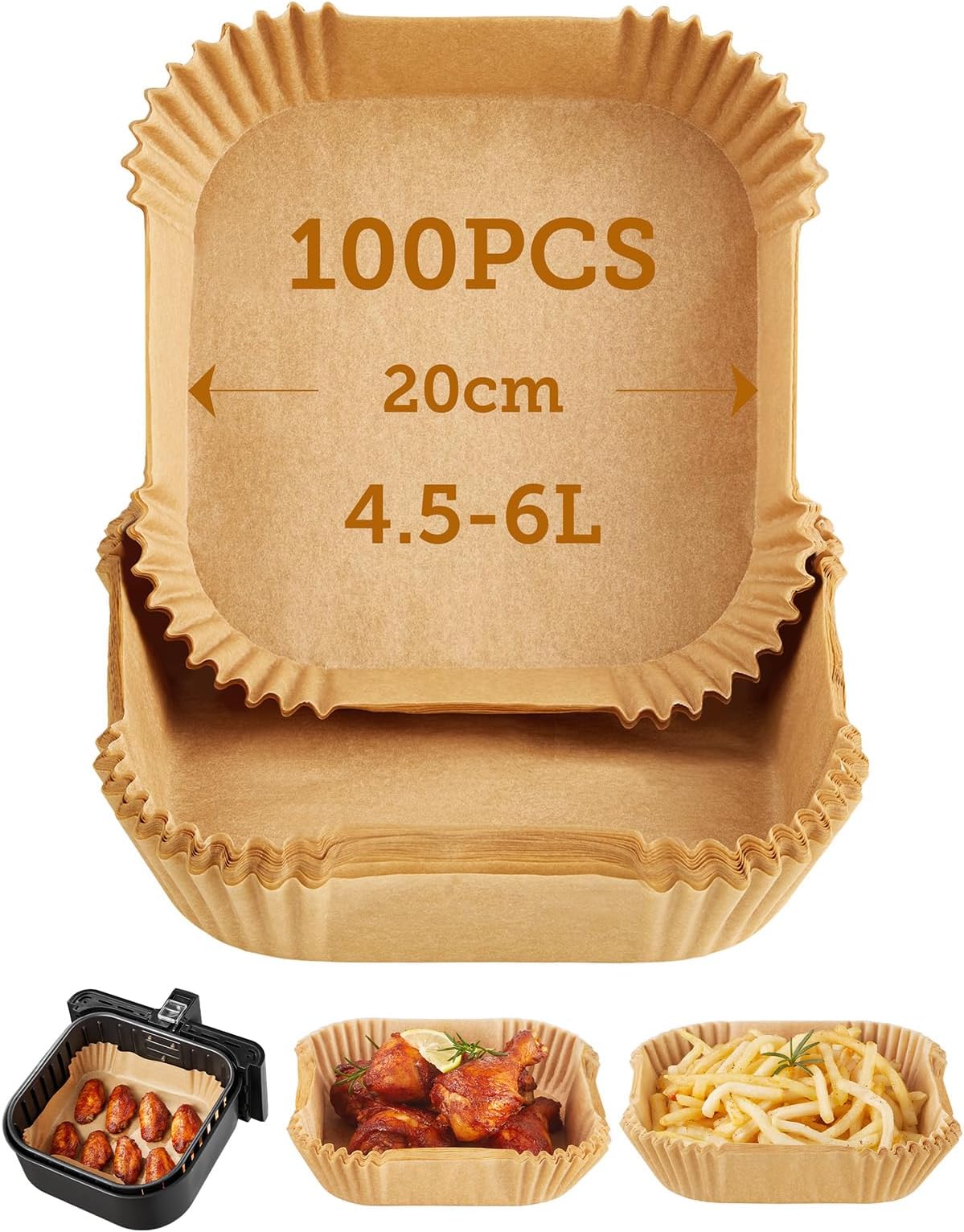 COSORI Air Fryer Liners,100 PCS Unbleached Non-Stick Square Disposable Airfryer Paper Liner, 7.9 inch for 4.5 to 6L Basket, Accessories for Air Fryer, Oven, Microwave, Oil and Water Proof