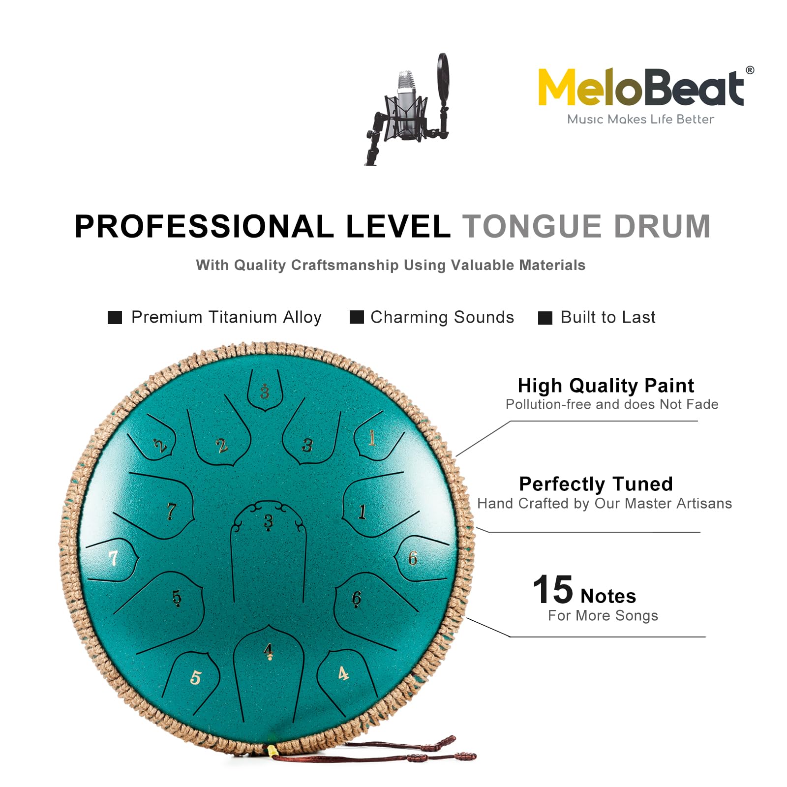 MeloBeat Zungentrommel 14 Zoll 15 Töne - Professionelles Steel Tongue Drum Handpan Set in D Dur inkl. Zungentrommel Liederbuch, Schlagzeug Sticks und Trommel Tragetasche (Grün)