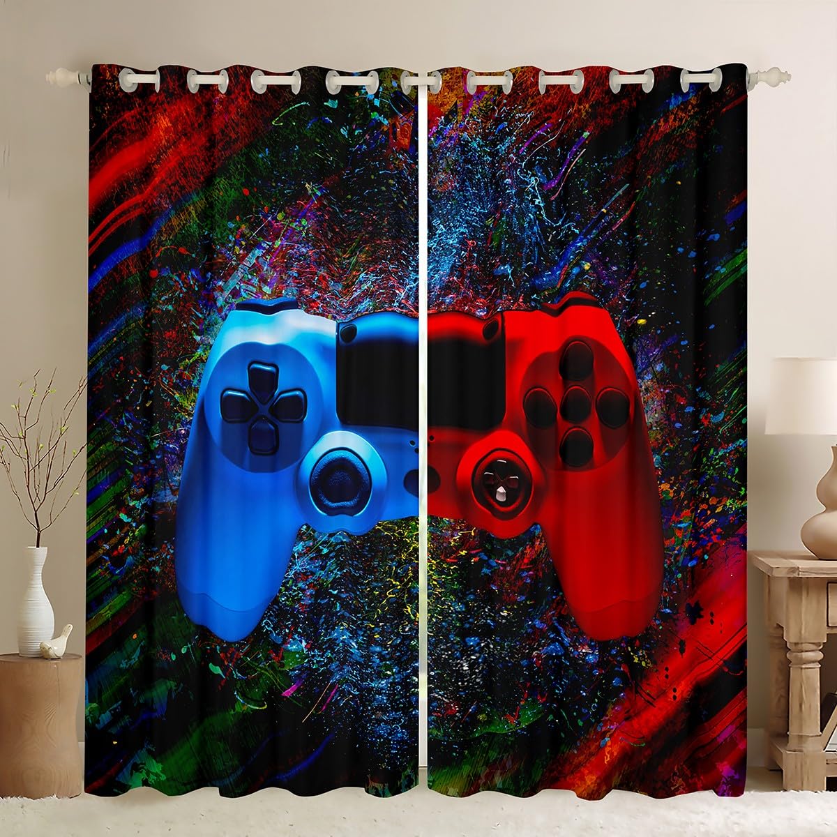 Teens Gamer Window Curtains for Bedroom Living Room Gaming Curtains Colorful Tie Dye Window Drapes for Boys Girls Kids Blue Red Video Game Gamepad Window Treatments W52*L63