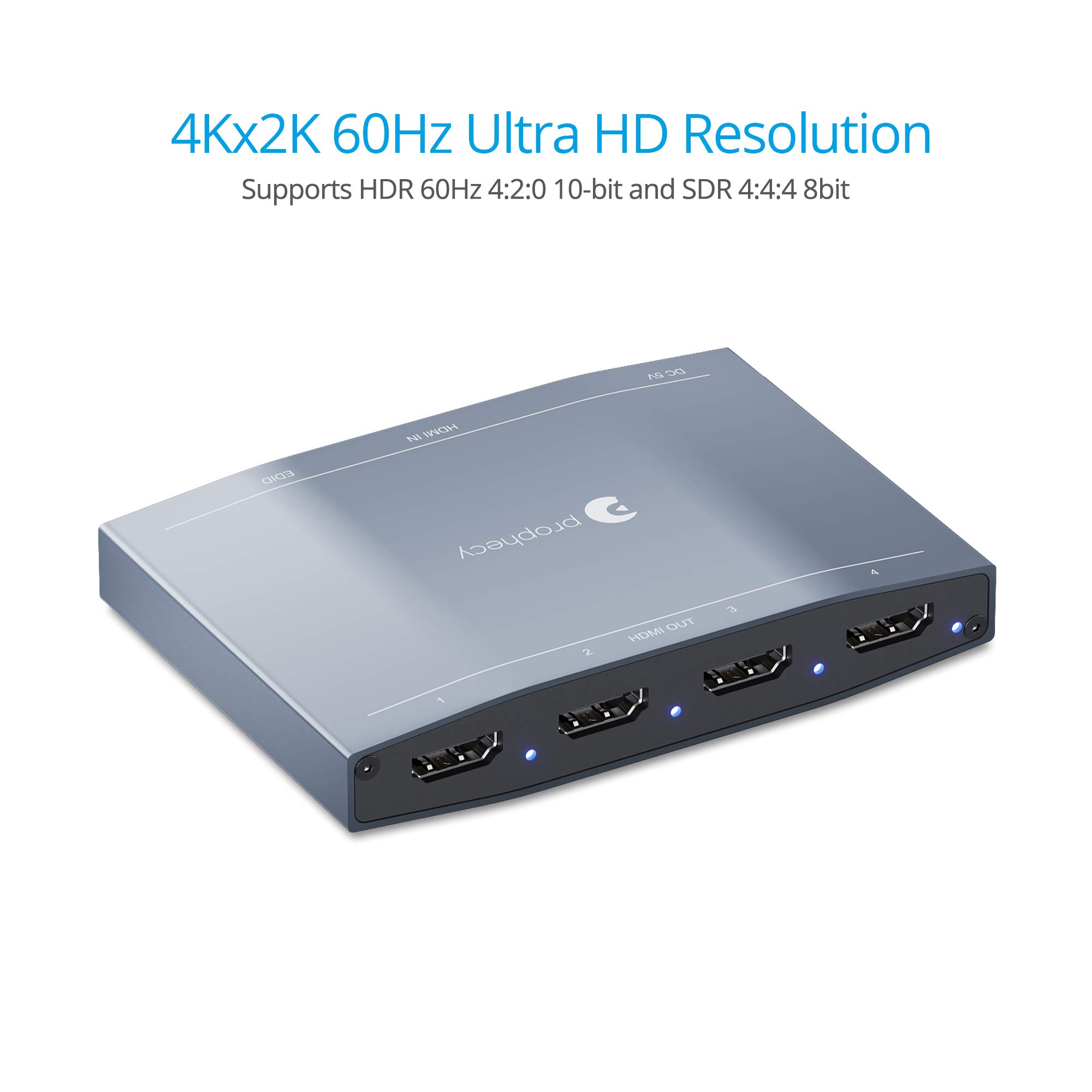 Gofanco Prophecy 4K 1x4 HDMI 2.0 Splitter - 4K @60Hz YUV 4:4:4, HDR, 3D, HDMI 2.0a, HDCP 2.2/1.4, EDID, 18Gbps, Supporta Dolby Digital, DTS, LPCM, protezione ESD, 2 porte 1 in 4 out (PRO-HD20split4P)