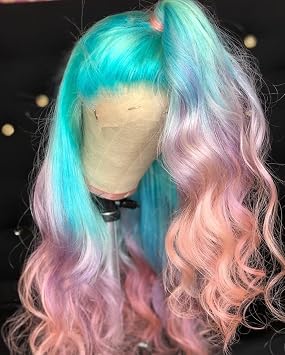 Rainbow Wig Ombre Lake Blue Pink Wig Gluessless Lace Front Human Wig Prepluck With Elastic Band Colorful Wigs For Women Body Wave Frontal Wig Density 180% 18inch, Ombre Lake Blue Pink