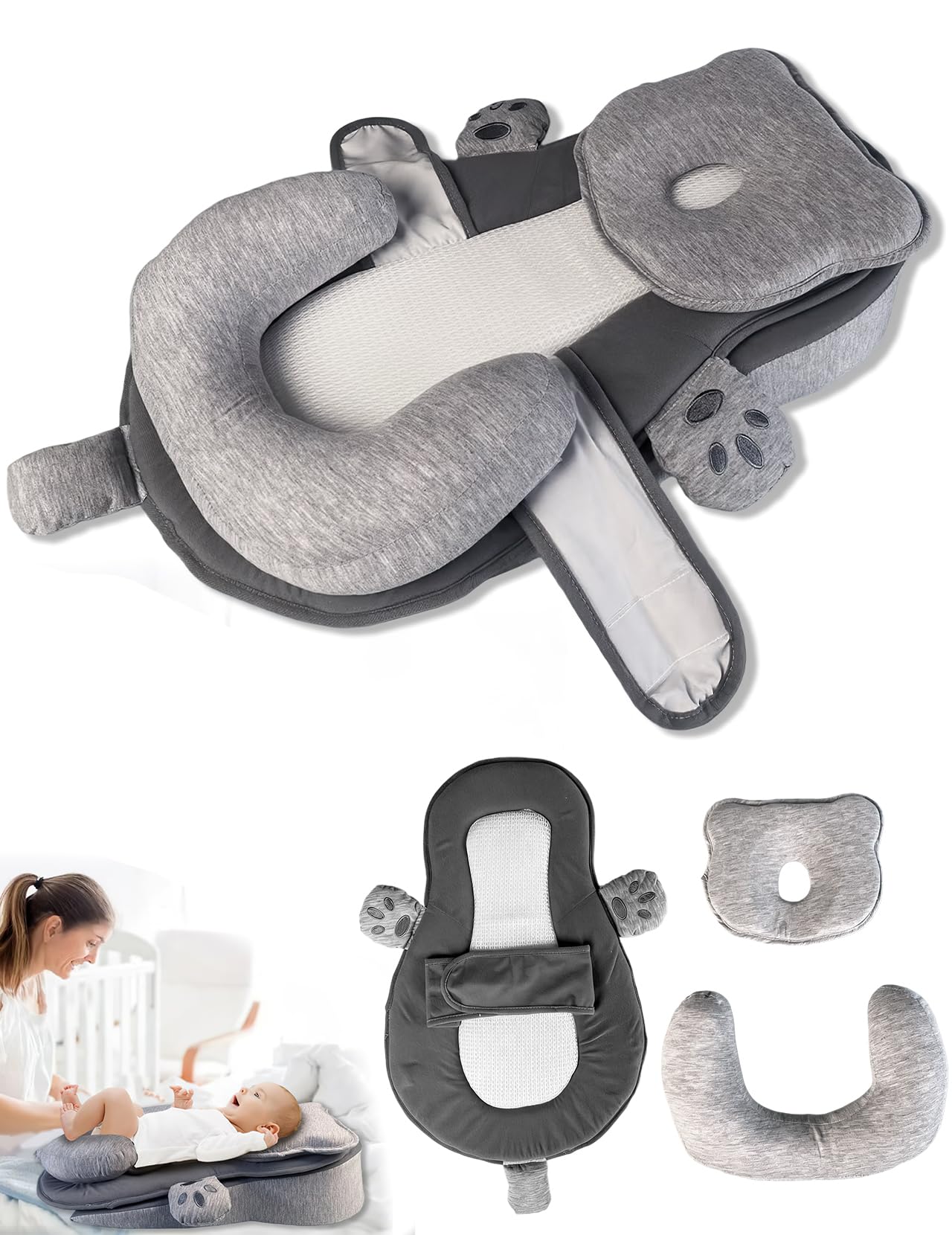 Cuscino per Allattamento, Cuscino per Allattamento a Biberon, Ergonomico Multifunzionale con Cintura Regolabile, la Parte Superiore, la Parte Inferiore e L’appoggio Testa Sono Rimovibili