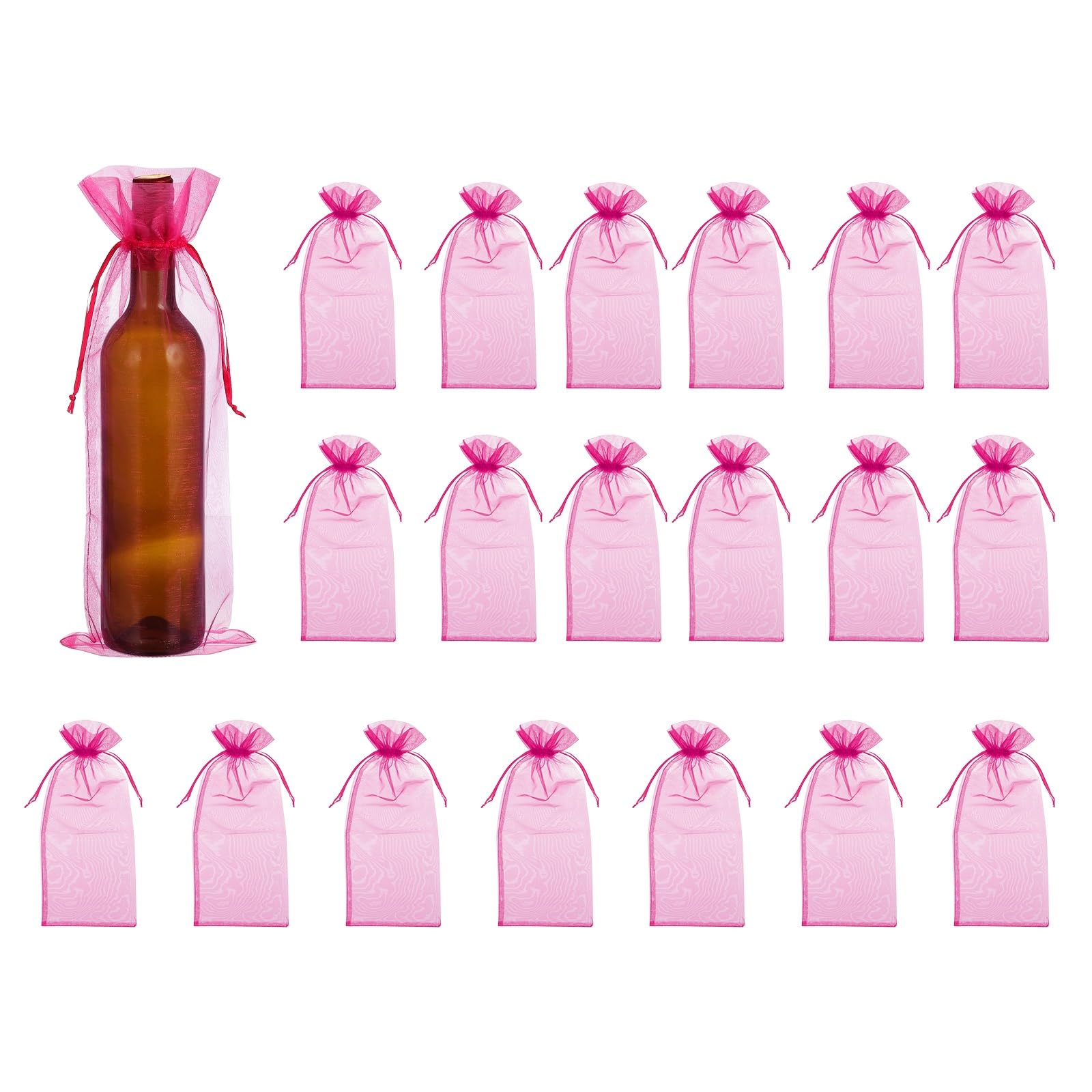 sourcing map 14.5 x 5.5 Inch Organza Wine Bags, 20Pcs Drawstring Organza Bottle Gift Bags Sheer Wine Wrapping Bag for Bottle Wrap Birthday Christmas Wedding Party Favors, Rose Red