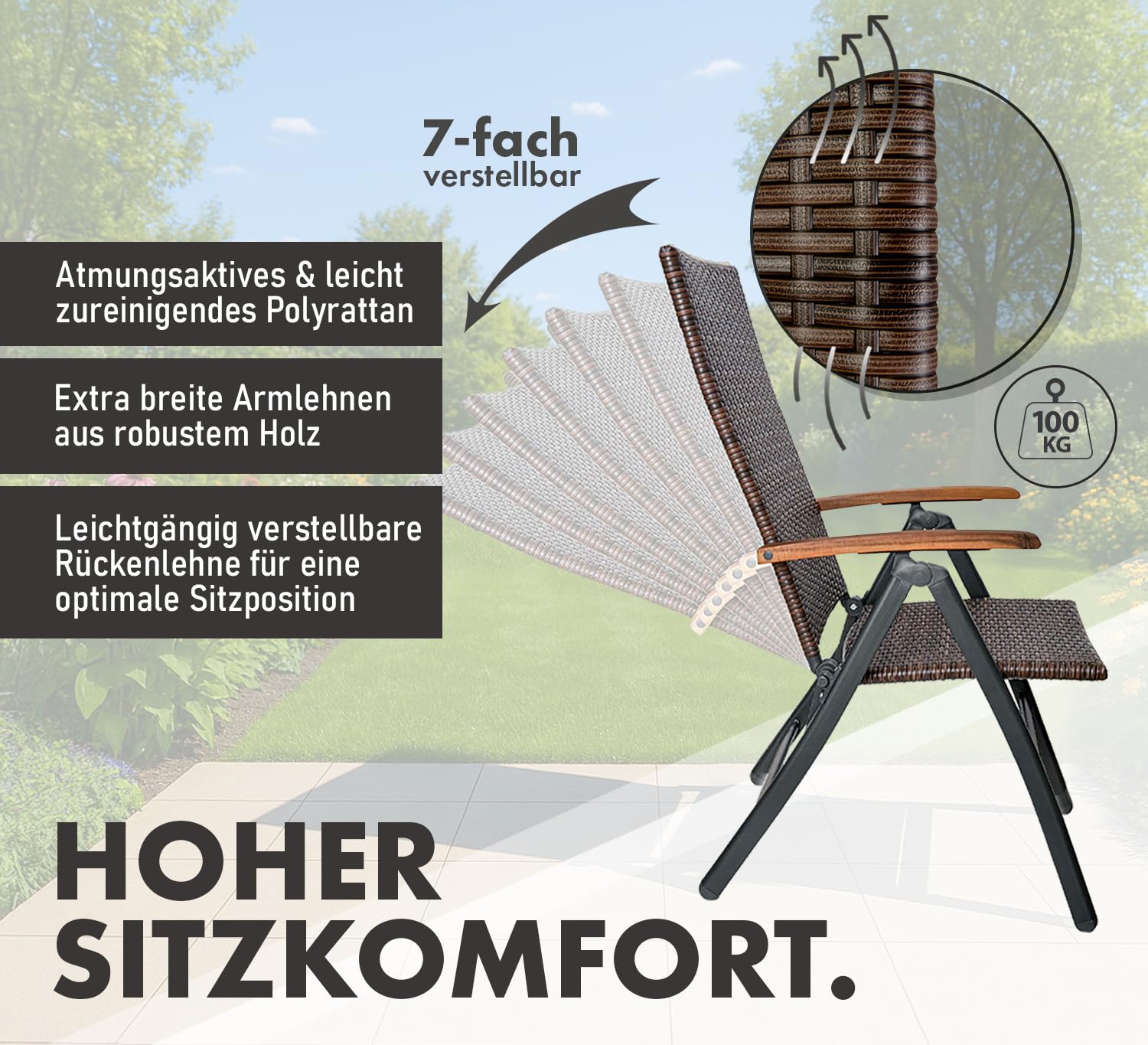 BRUBAKER 2er Set Polyrattan Gartenstuhl Modena - Hochlehner aus Metall und Poly Rattan klappbar - 7-Fach verstellbare Rückenlehne - wetterfester Faltstuhl/Klappstuhl - Braun Grau