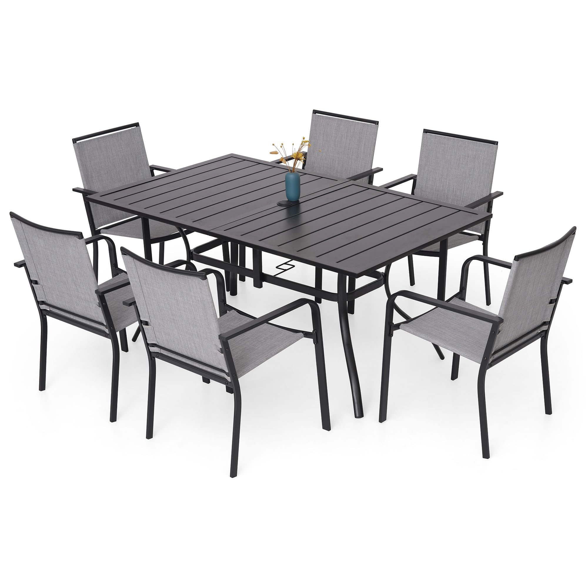7-Piece Outdoor Dining Set, Powder Coated Steel Table with 6 Stackable Sling Chairs, 63 x 38 Inch Table Grey Fabric