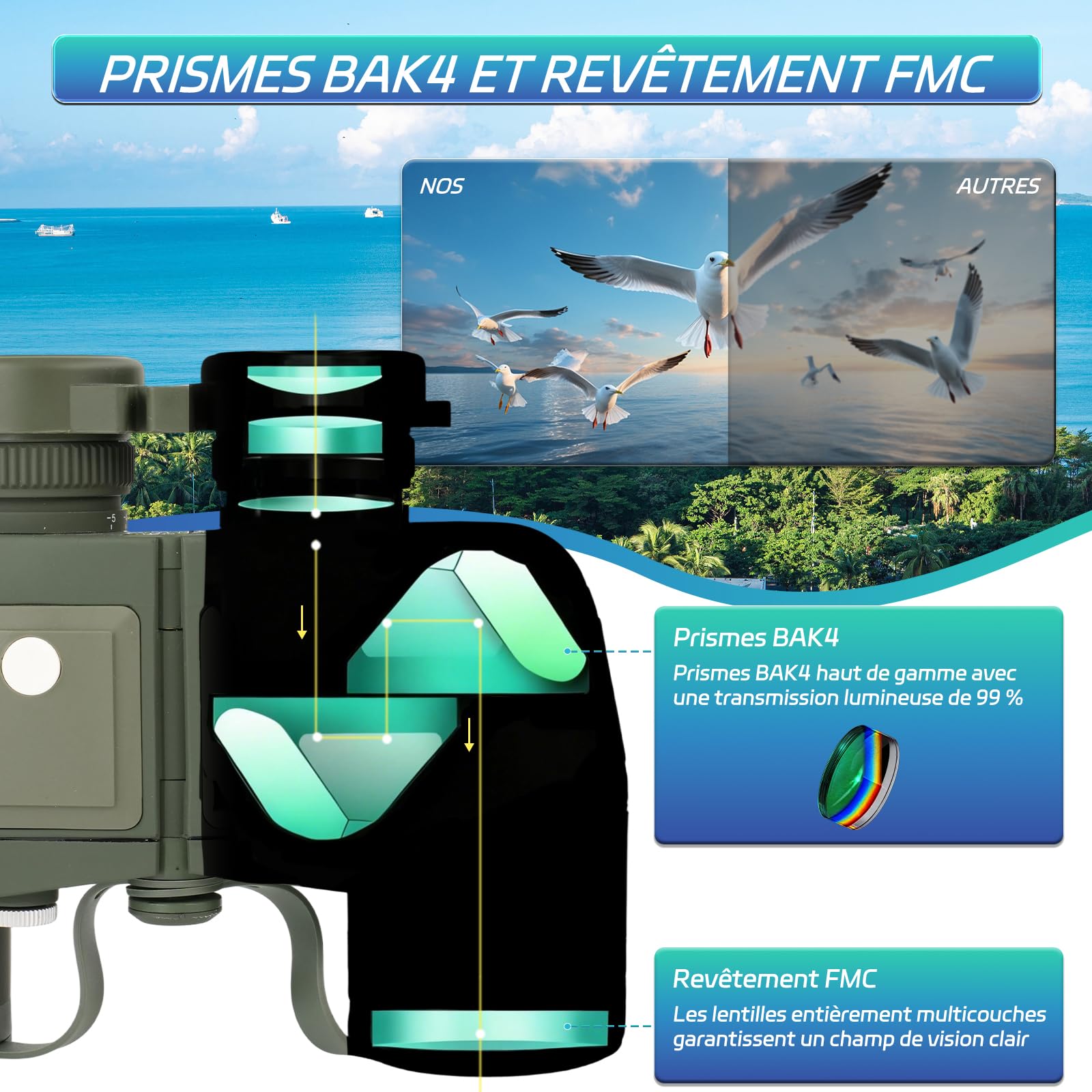 10x50 Jumelles Marines étanche pour Adultes pour Voyage | Jumelles avec Boussole Télémétrique étanche Remplie - HD BAK4 Prism FMC Objectif pour l'observation Oiseaux, Concert