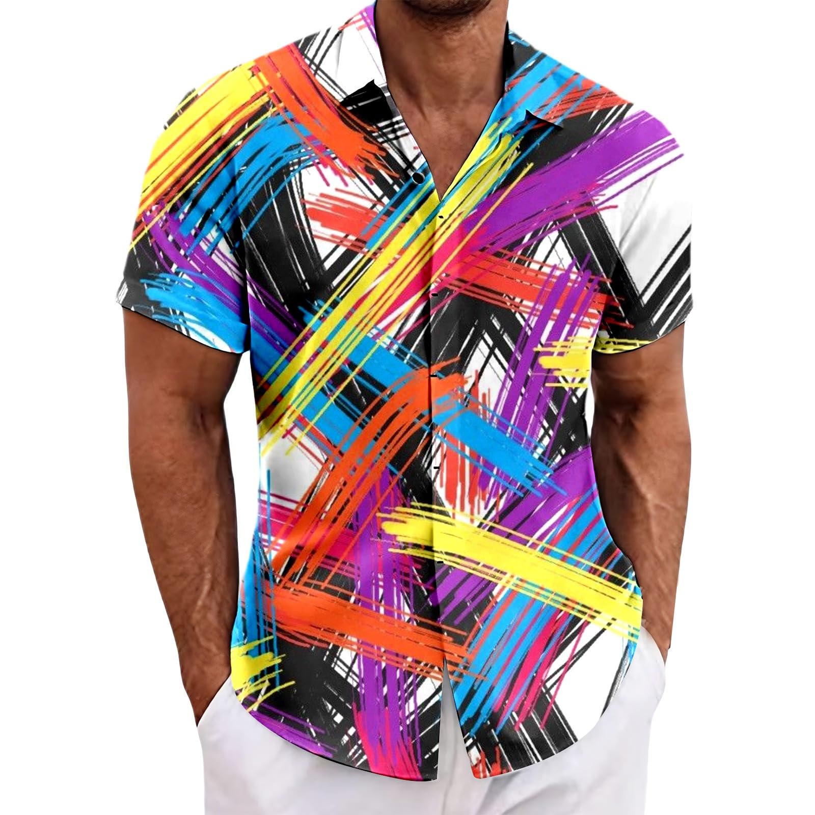 RUMAOZIA Men's Hawaiian Shirt 80s 90s Style Short Sleeve Carnival Fancy Dress Outfit 80s Shirts 90s Button Up Shirt Retro Hawaiian Beach Shirt Neon Disco Funny Party Shirts Colourful Vintage Shirts, T